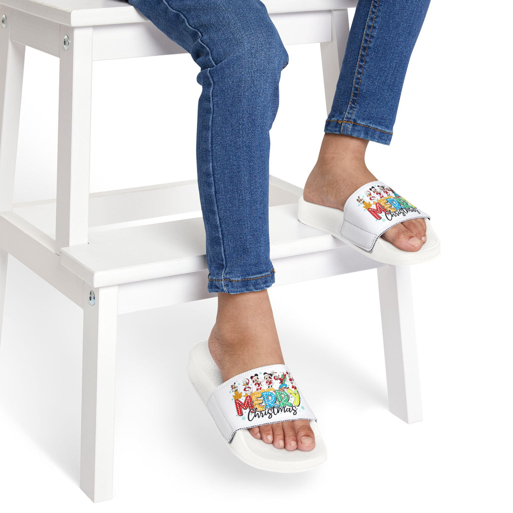 Youth Christmas Slide Sandals  "Merry Christmas" Holiday Cartoon Slides