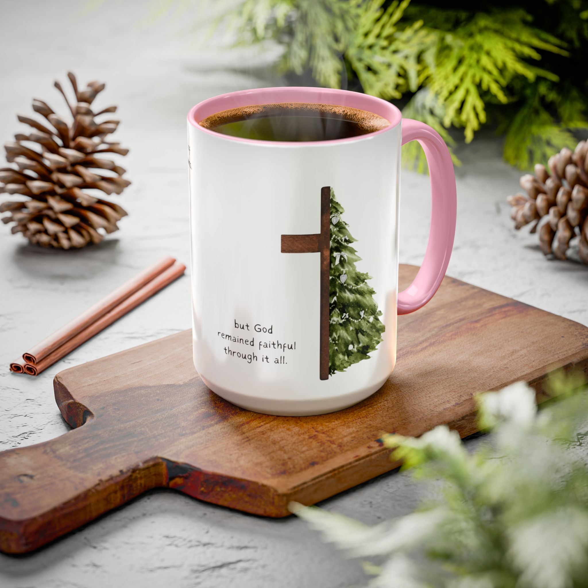 Christian Cross & Pine Tree Mug — Faith Reminder Coffee Cup (11oz/15oz)