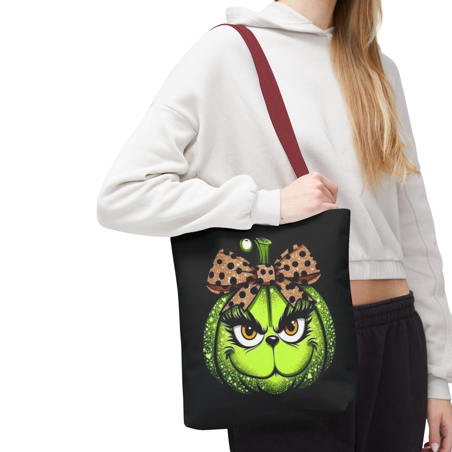 Grinch-Inspired Tote Bag with Polka Dot Bow Christmas Tote Bag Festive Holiday Design