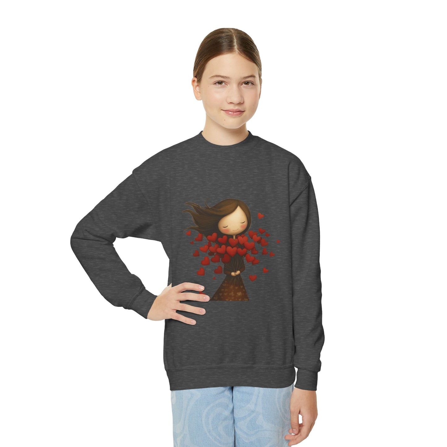 Youth Sweatshirt  Cute Girl with Heart Shower "Love Bug" Crewneck