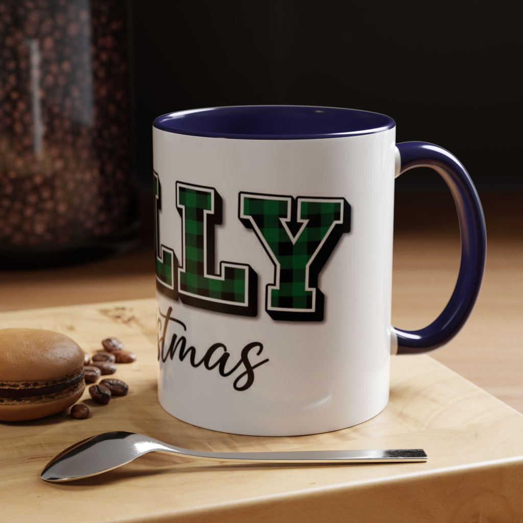 Holly Christmas Accent Coffee Mug — Green Plaid Holiday Gift (11/15oz)