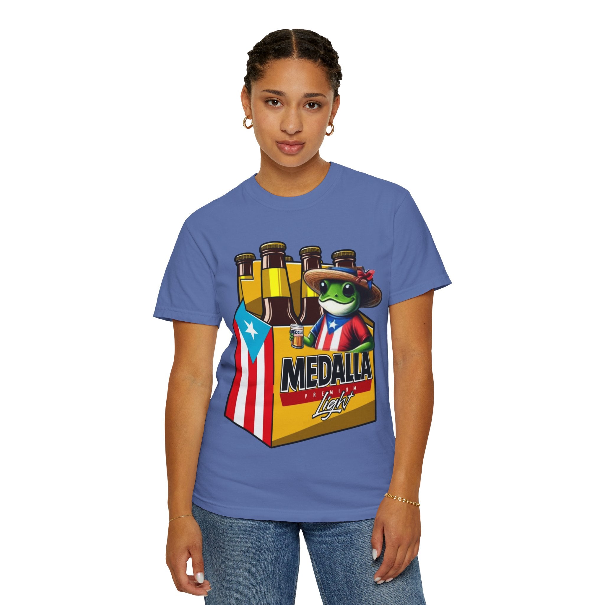 Medalla Light Puerto Rican Beer T-Shirt Coqui Frog Mascot Six-Pack Graphic Tee Puerto Rico’s Navidades