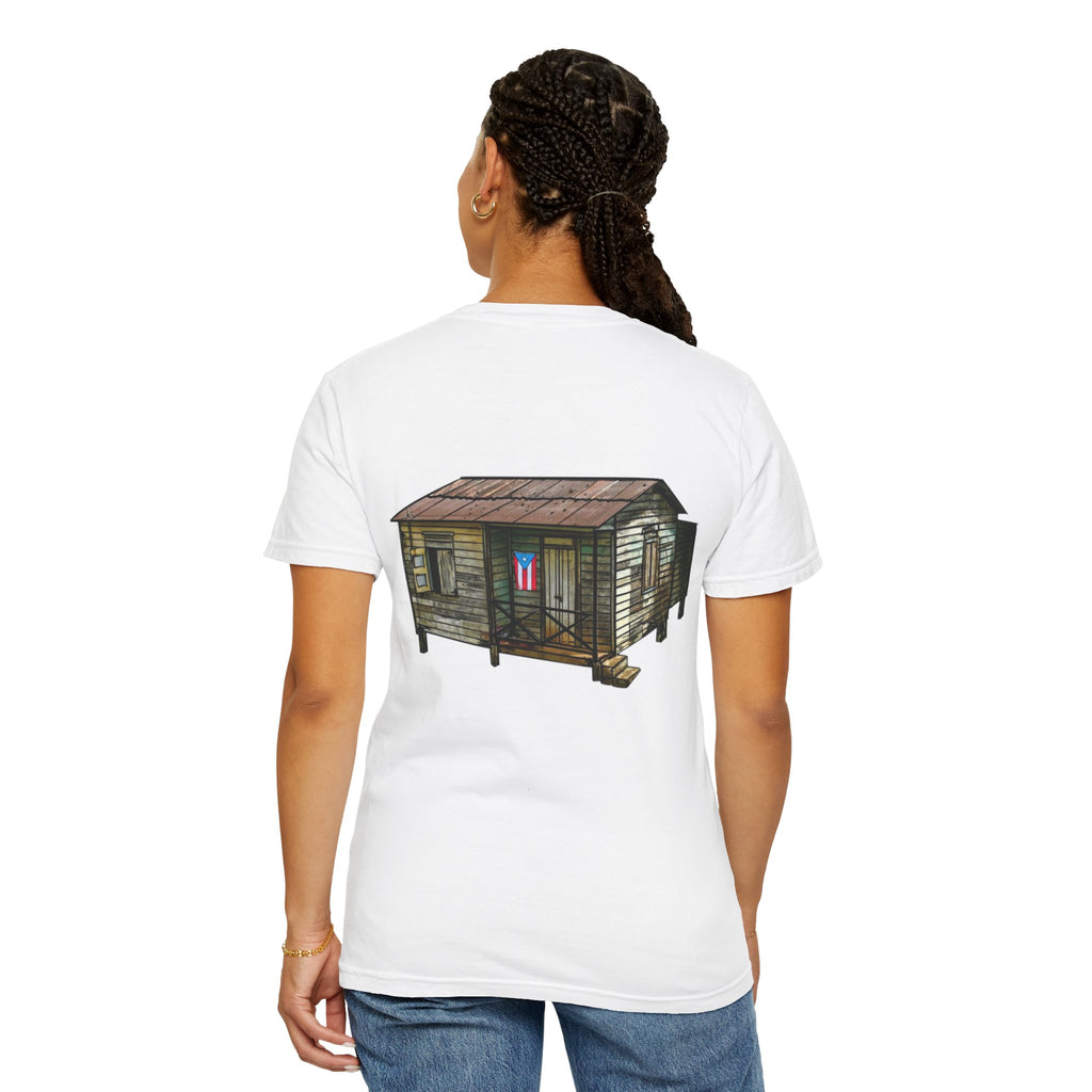 Puerto Rican Batey Cabin T-Shirt  Three Masks & Rustic House Graphic Tee Puerto Rico Navidades