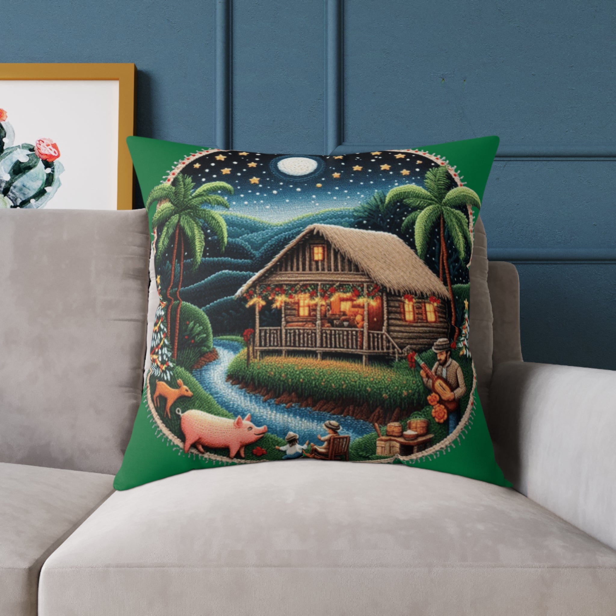 Island Night Cottage Pillow  Tropical Moonlit Cabin Throw Pillow Puerto Rico Culture Pillow