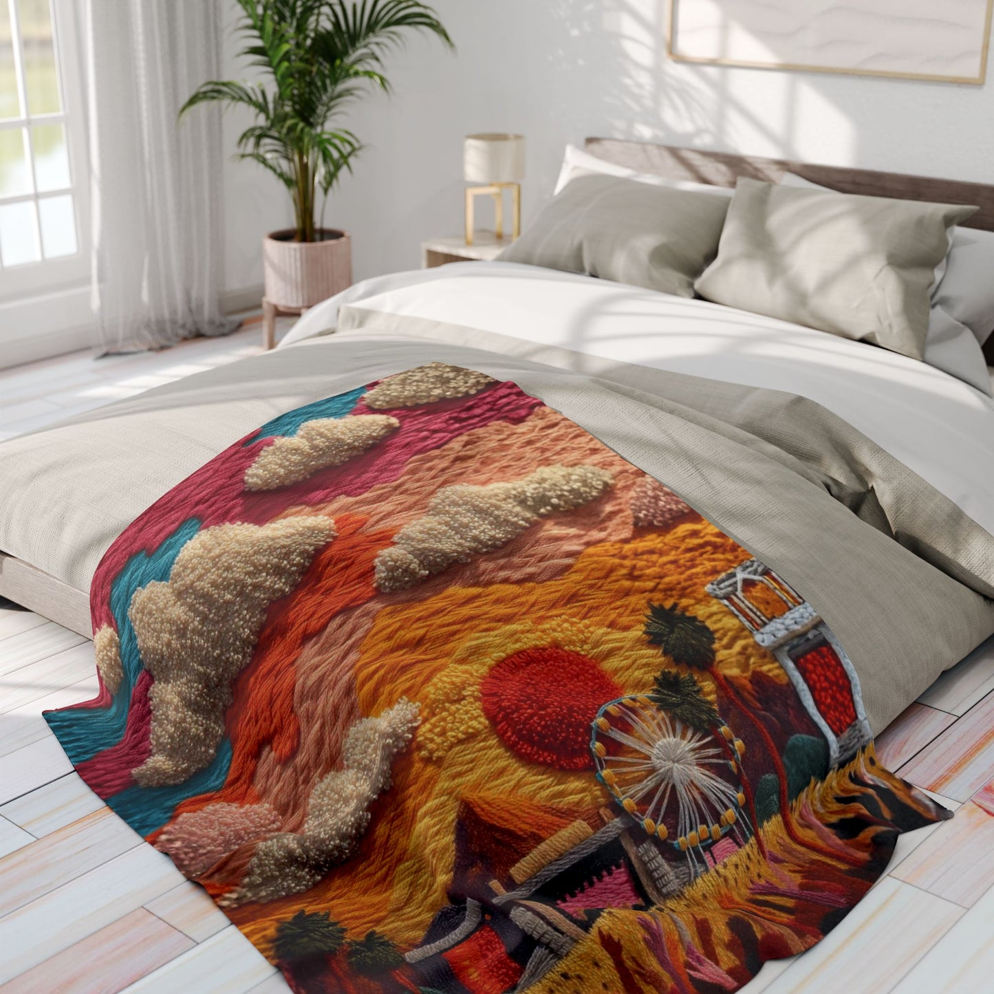 Festival Scene Fleece Blanket — Colorful Sunset Carnival Throw