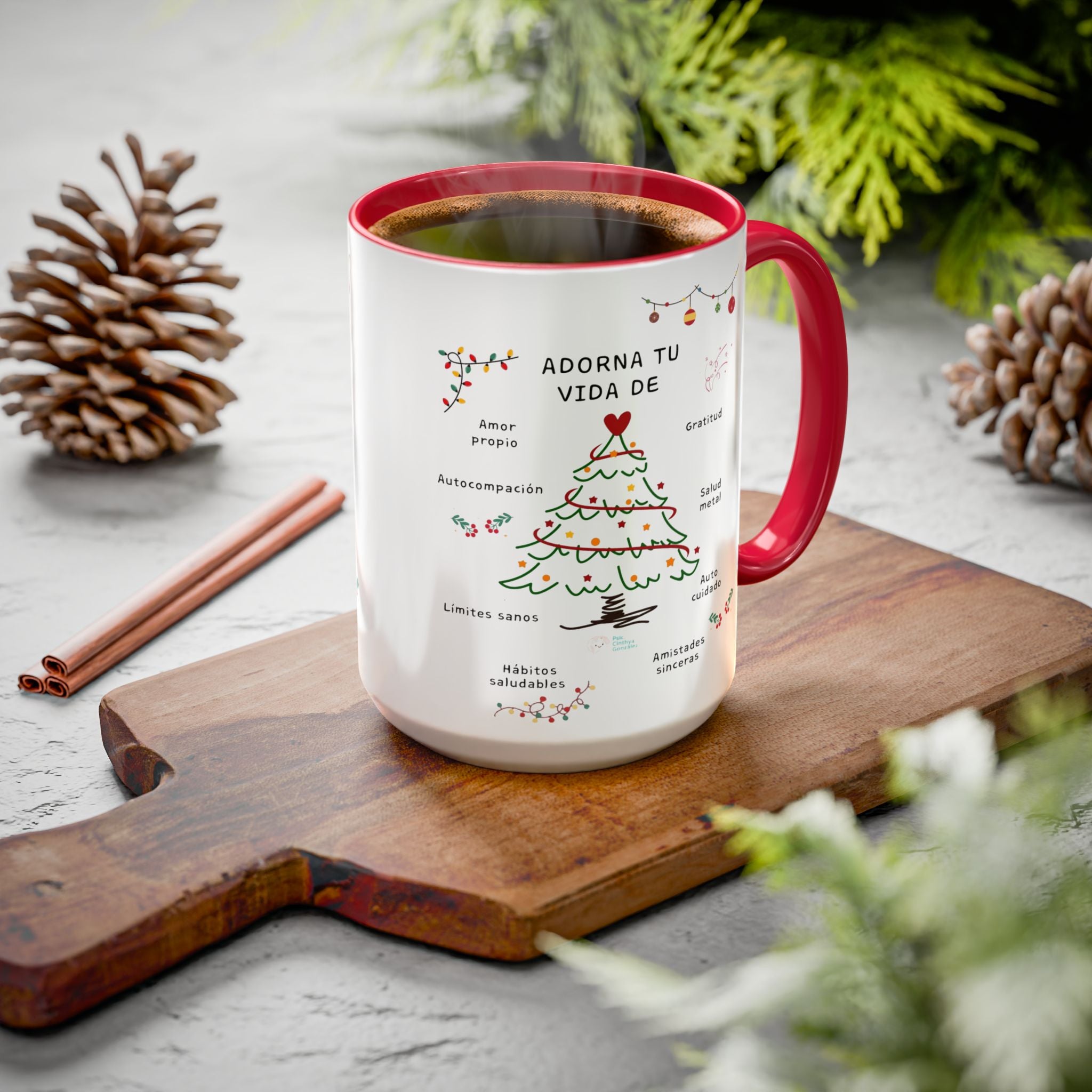 Mug — 'Adorna Tu Vida' Christmas Tree Spanish Holiday Coffee Mug (11oz/15oz)