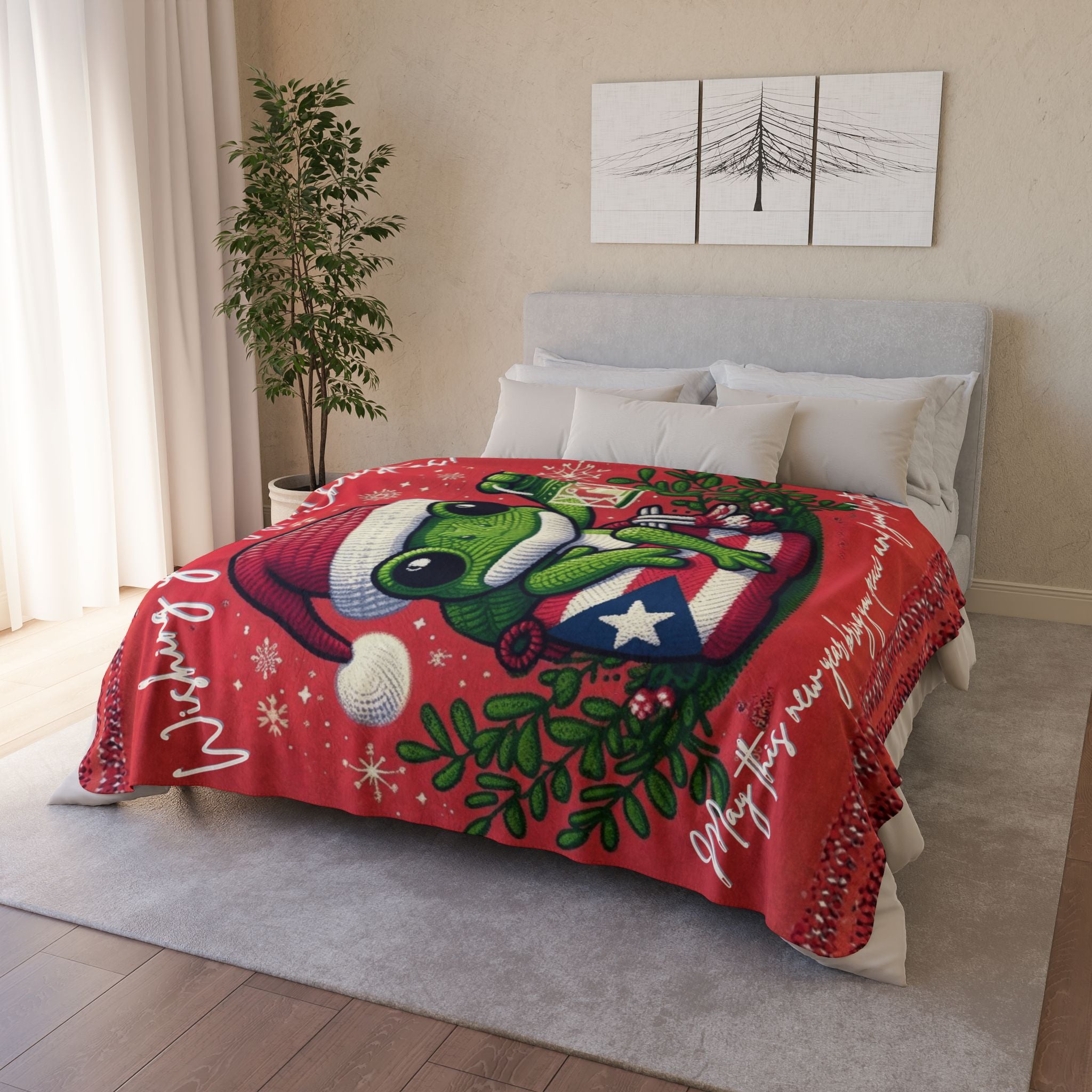 Puerto Rico Design Blanket Christmas Frog Sherpa Blanket – Holiday Cozy Throw with 'Wishing You a Joyful Christmas' Design