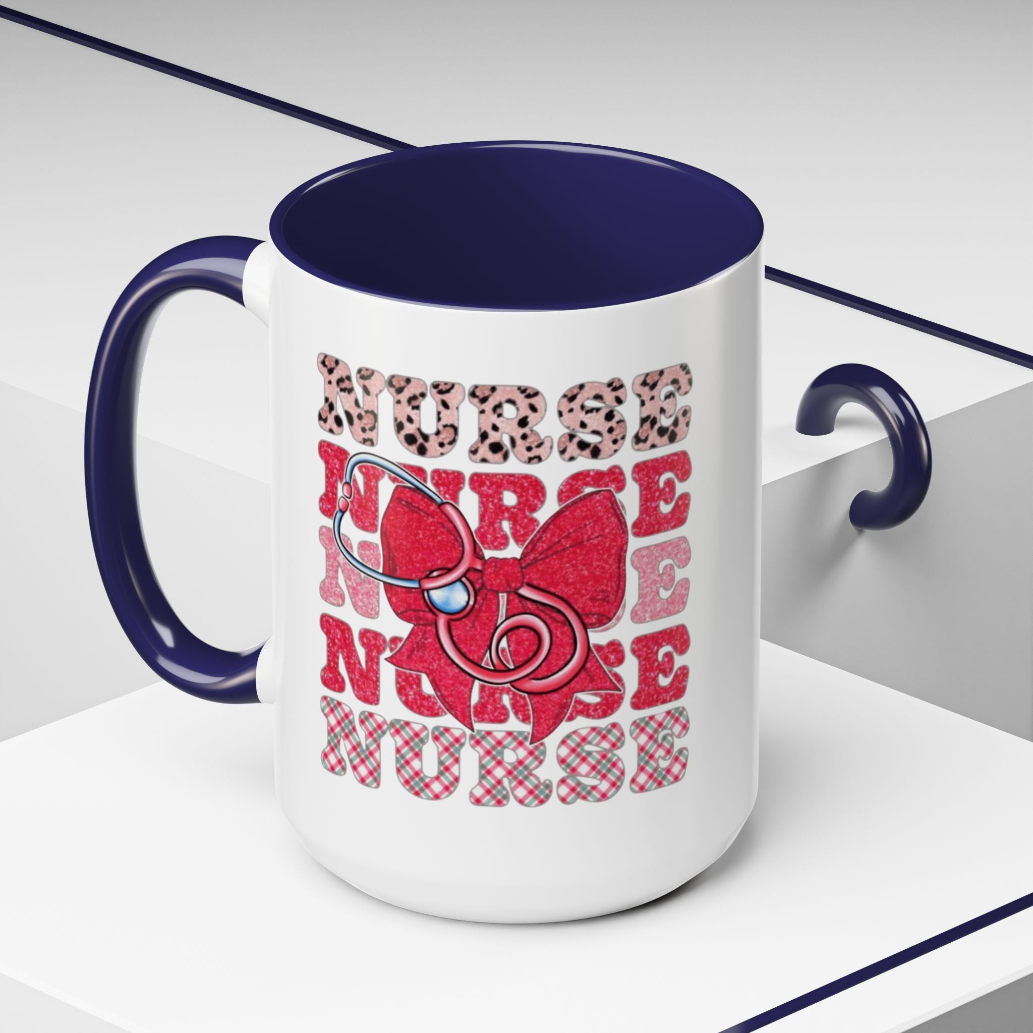 Nurse Stethoscope Bow Accent Coffee Mug — Cute Leopard & Plaid Healthcare Gift (11/15oz) Medical Christmas Mug