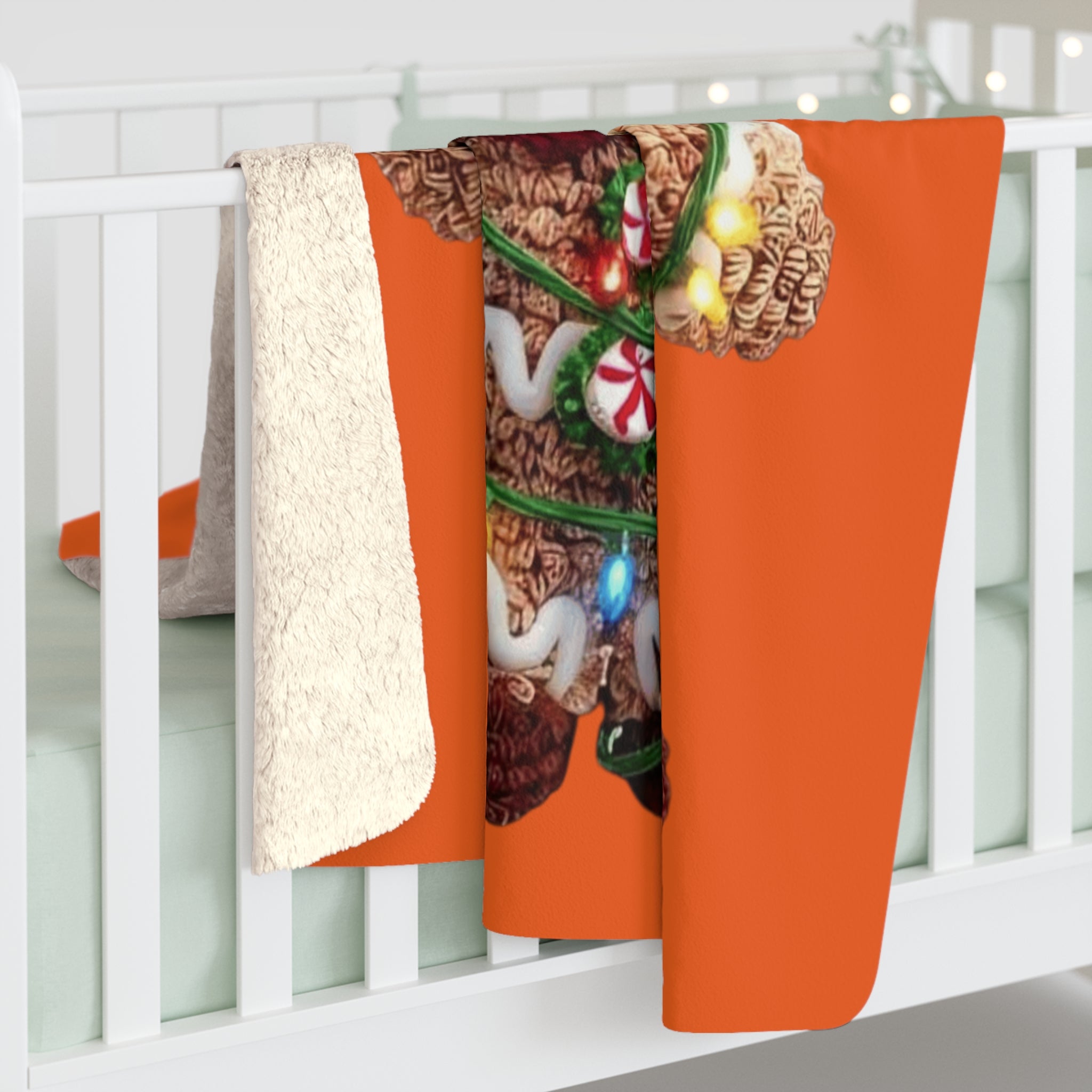 Cozy Crochet Mouse Holiday Sherpa Blanket — Cute Gingerbread Toy Wrapped in Christmas Lights