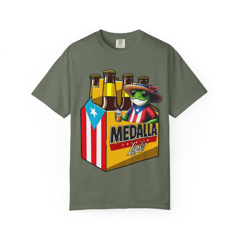Medalla Light Puerto Rican Beer T-Shirt Coqui Frog Mascot Six-Pack Graphic Tee Puerto Rico’s Navidades