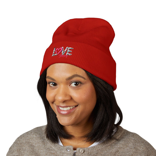 Embroidered 'Love' Heart Cuffed Beanie — Cozy Pink Accent Winter Hat