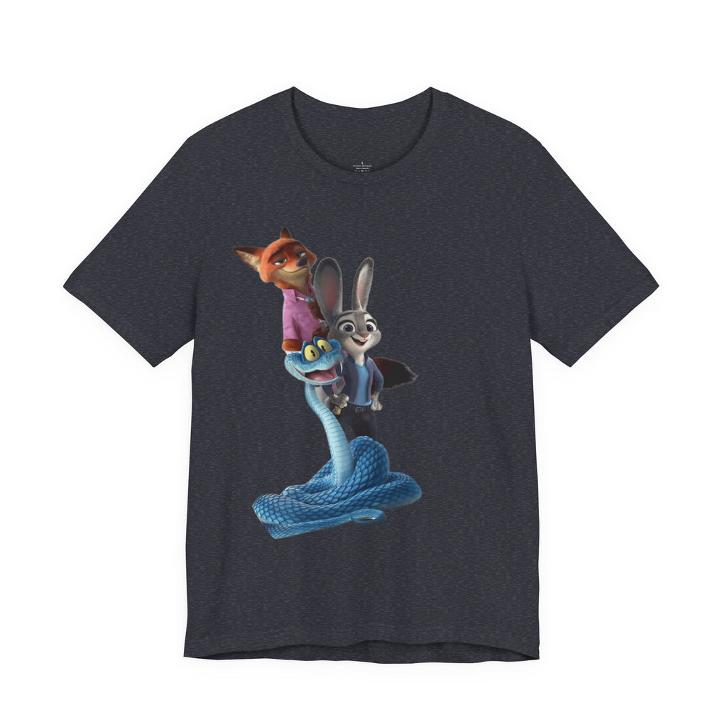 Animated Character Tee — Cute Fox & Bunny Stack Graphic T-Shirt  cartoon-style Christmas artwork