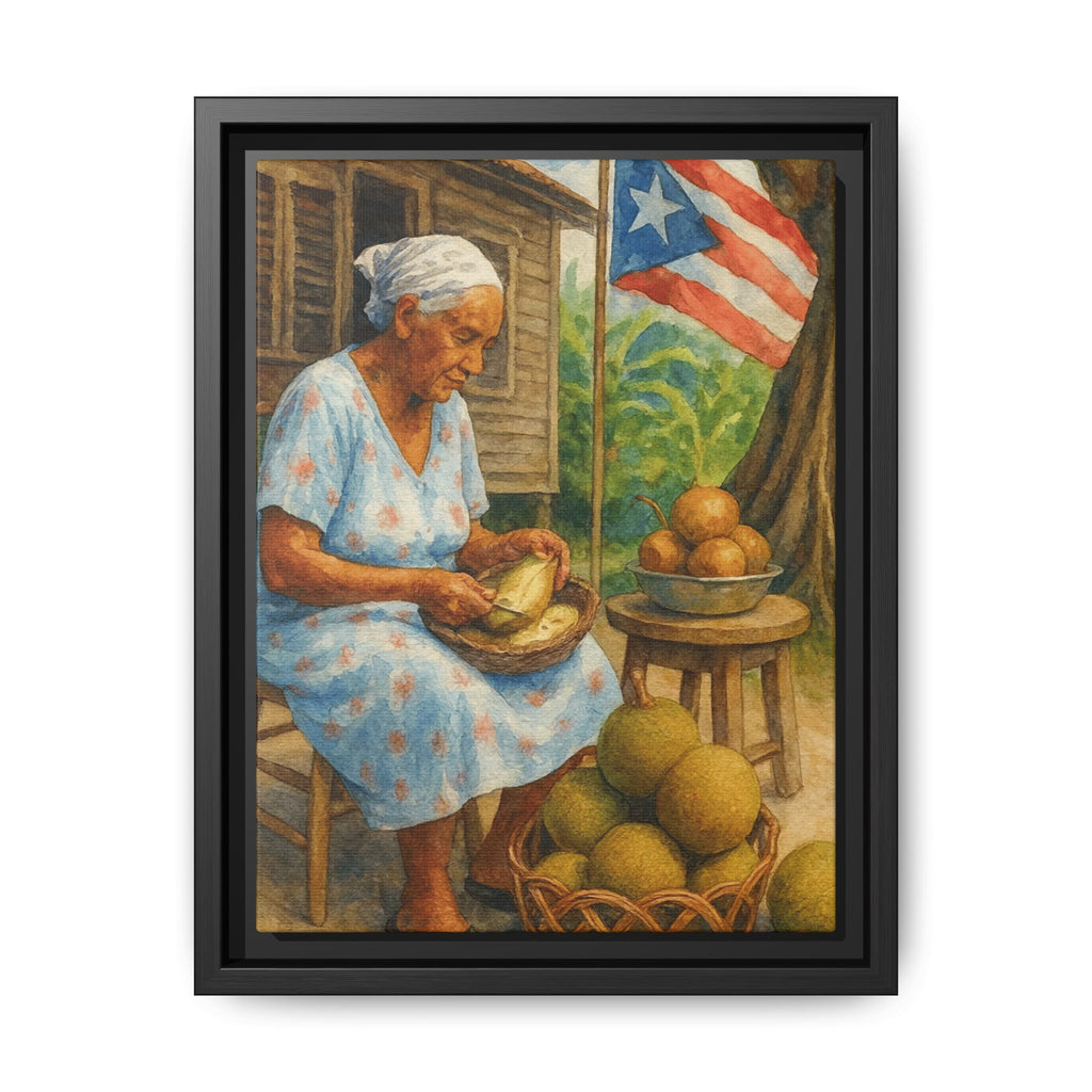 Cultural & Story-Driven These Puerto Rico inspired  Framed Matte Canvas Print  Woman Shelling Fruit Vintage Tropical Painting