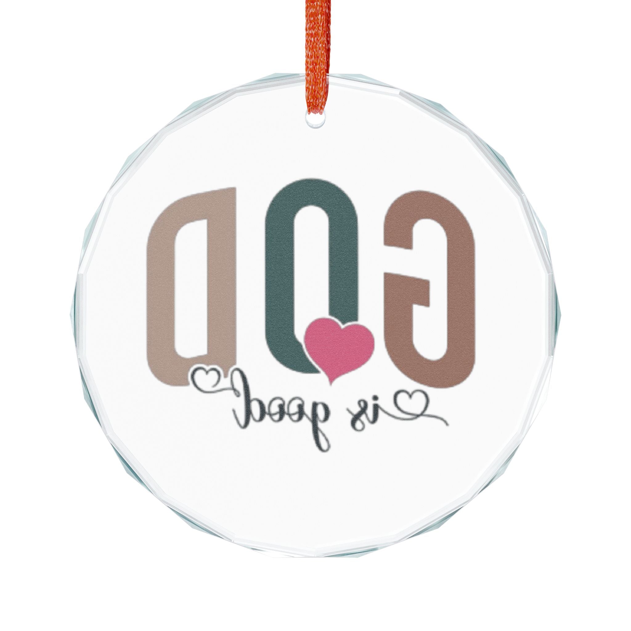 Crystal Heart Ornament — “God Is Good” Religious Glass Ornament (Heart with Pink Heart Accent)
