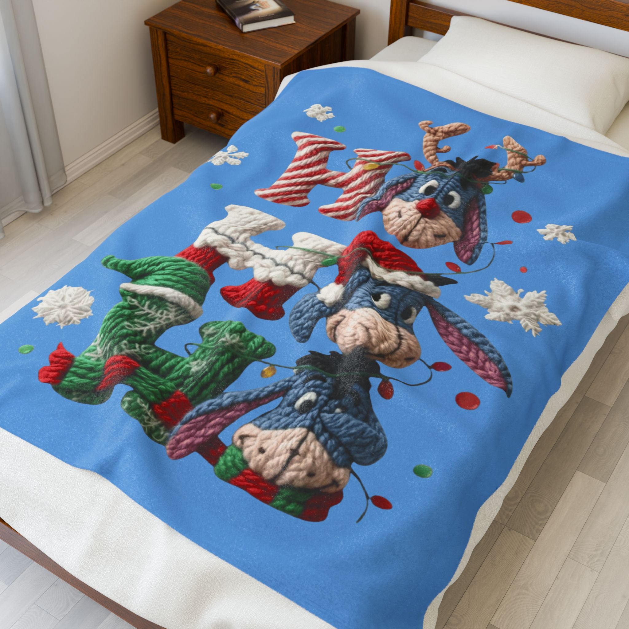 Holiday Eeyore Velveteen Plush Blanket — Cute Christmas Knit-Style Design