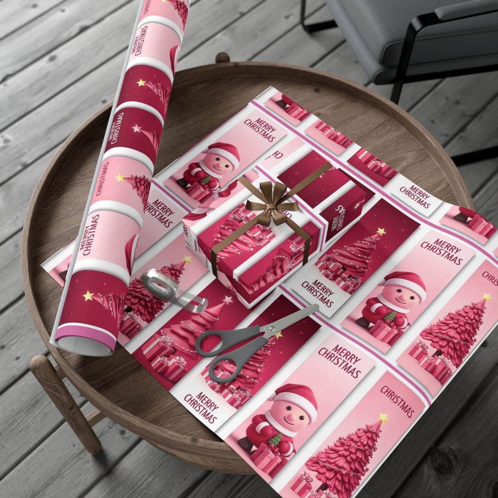 Christmas Gift Wrap Paper - Pink Merry Christmas Star & Tree Holiday Wrapping Sheets