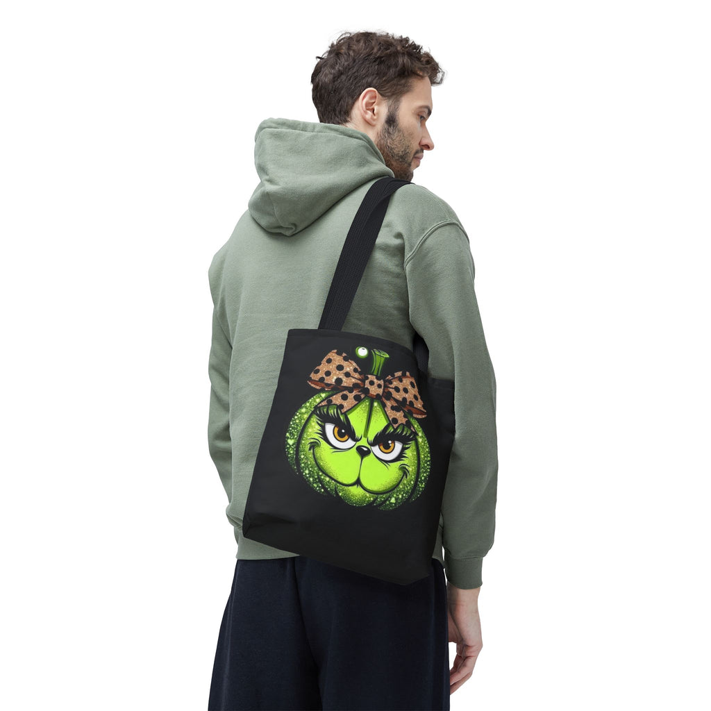 Grinch-Inspired Tote Bag with Polka Dot Bow Christmas Tote Bag Festive Holiday Design