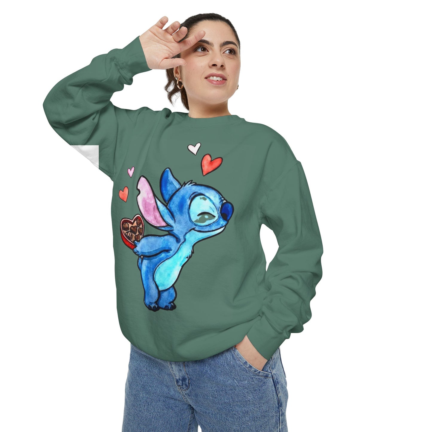 Stitch Valentine Sweatshirt — Cute Blue Alien with Hearts & Chocolate Pocket
