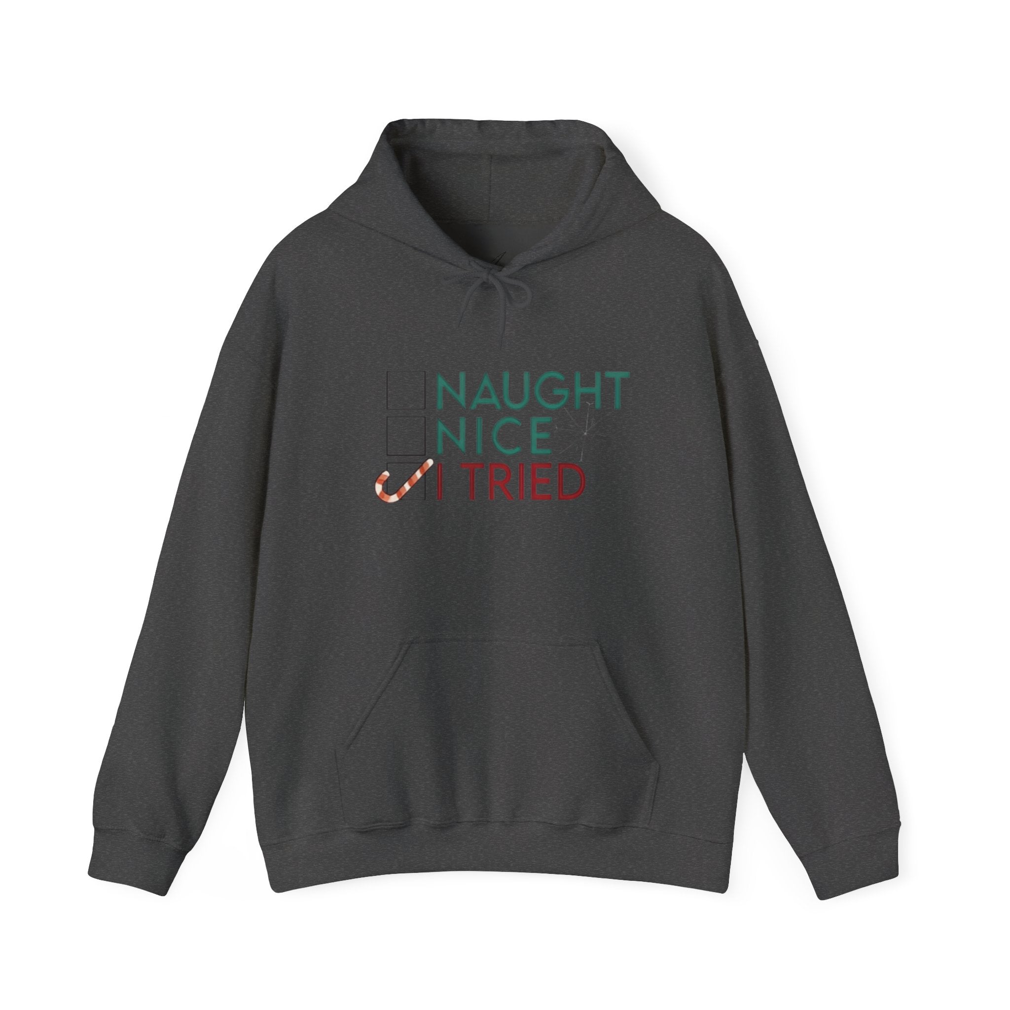 Holiday Hoodie — "Naughty, Nice, I Tried" Funny Christmas Sweatshirt