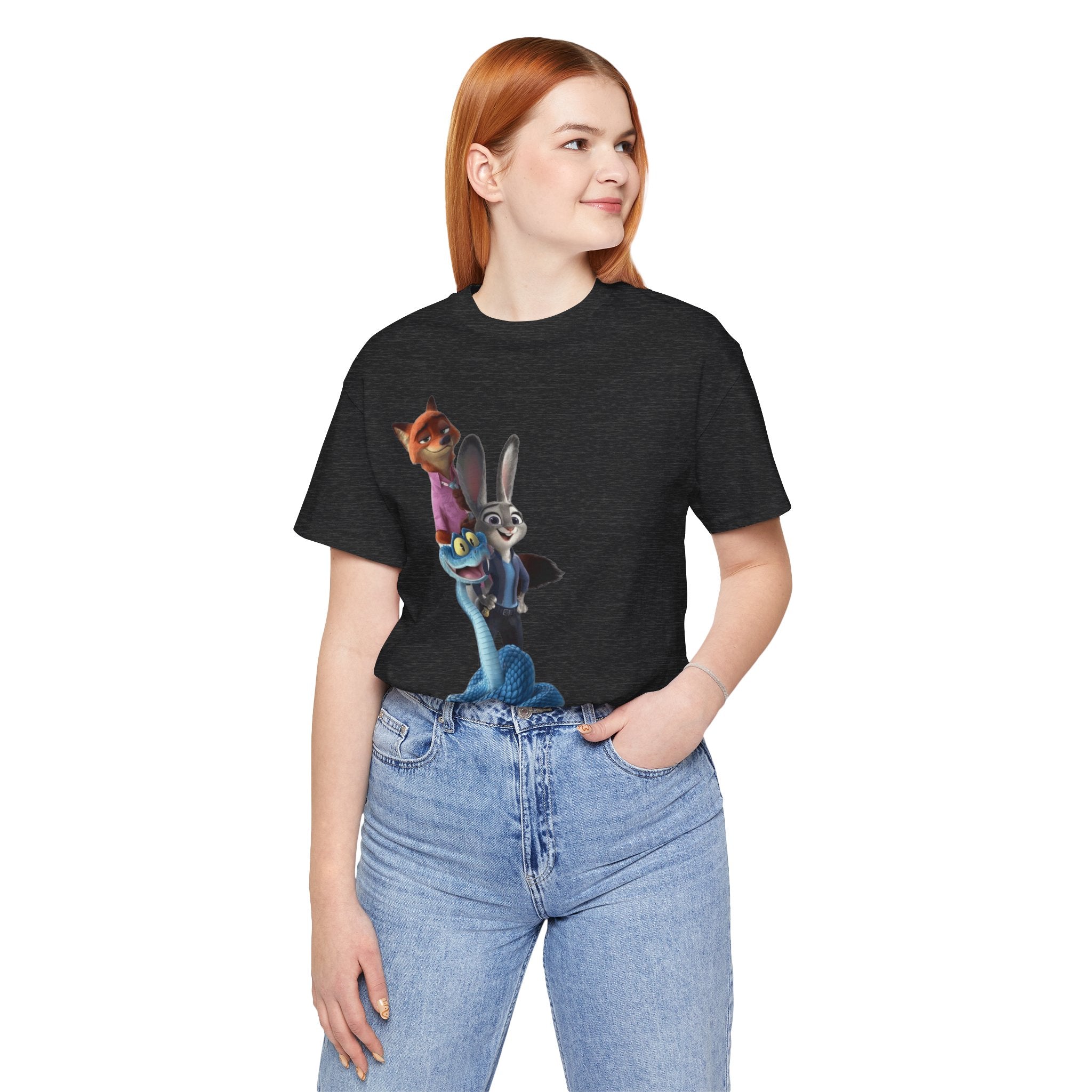 Animated Character Tee — Cute Fox & Bunny Stack Graphic T-Shirt  cartoon-style Christmas artwork