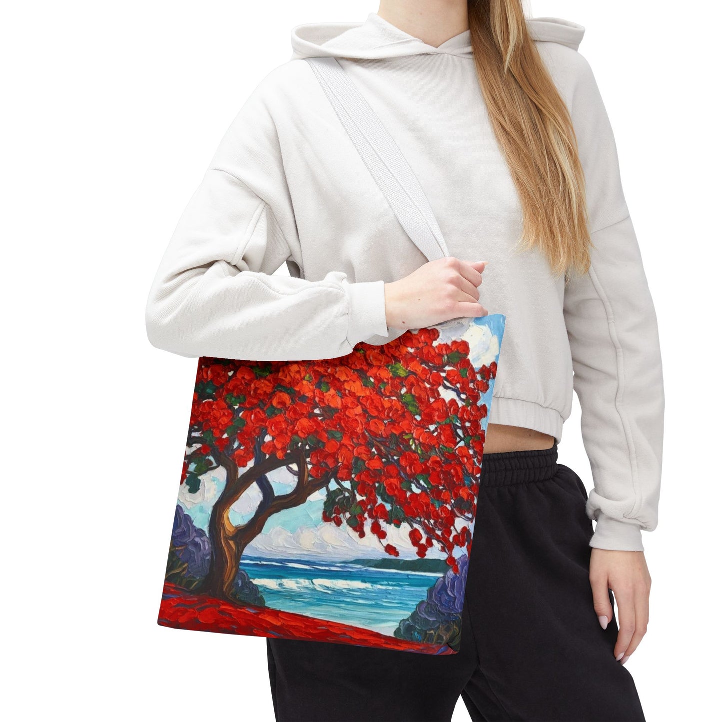 Red Blossom Beach Tote - Tropical Tree Art All-Over Print Tote Bag Crochet-Decorated Tote Bags