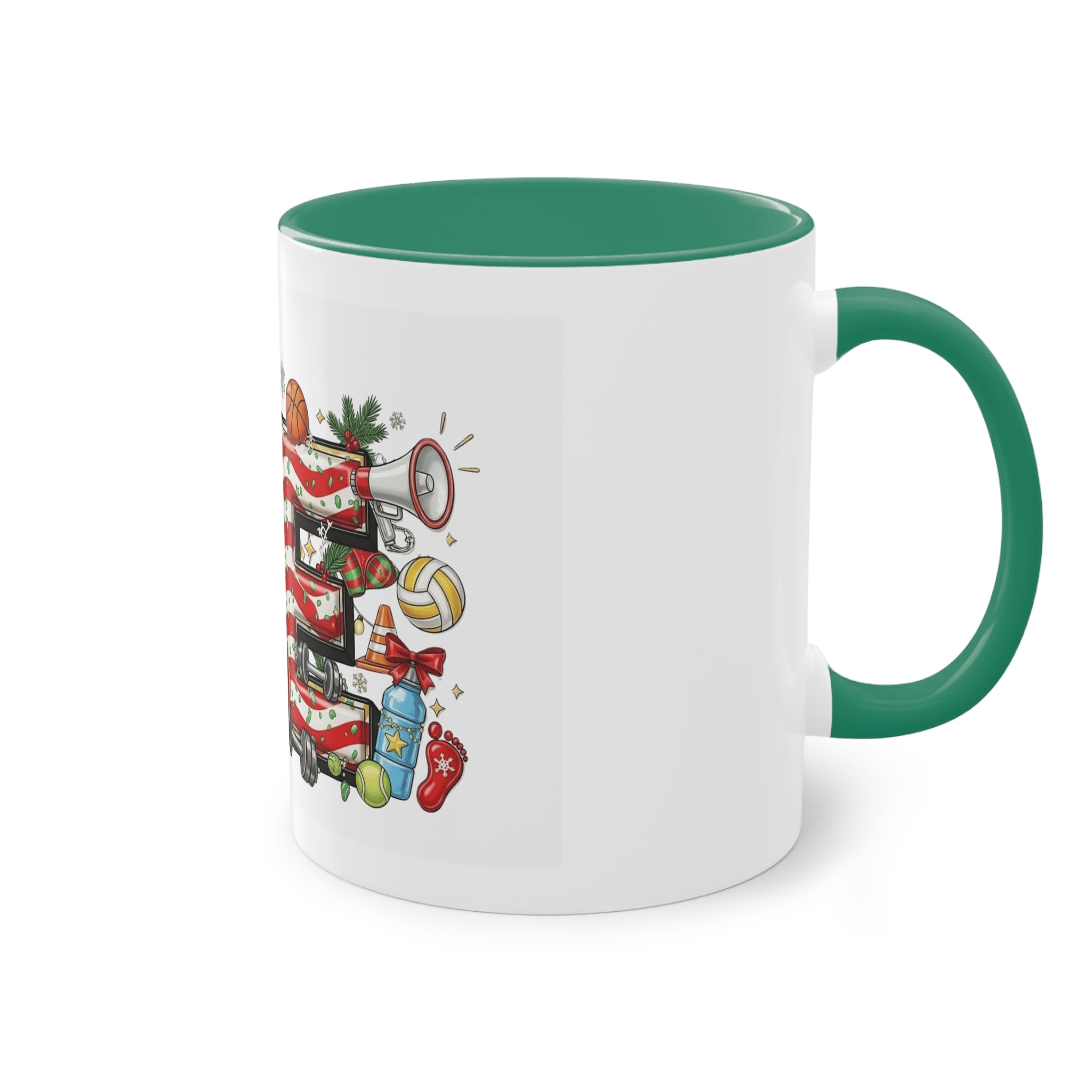 Holiday Sports Mom Coffee Mug Festive 'PE' Candy-Stripe Design, 11oz Two-Tone School Staff Christmas Mug Collection,