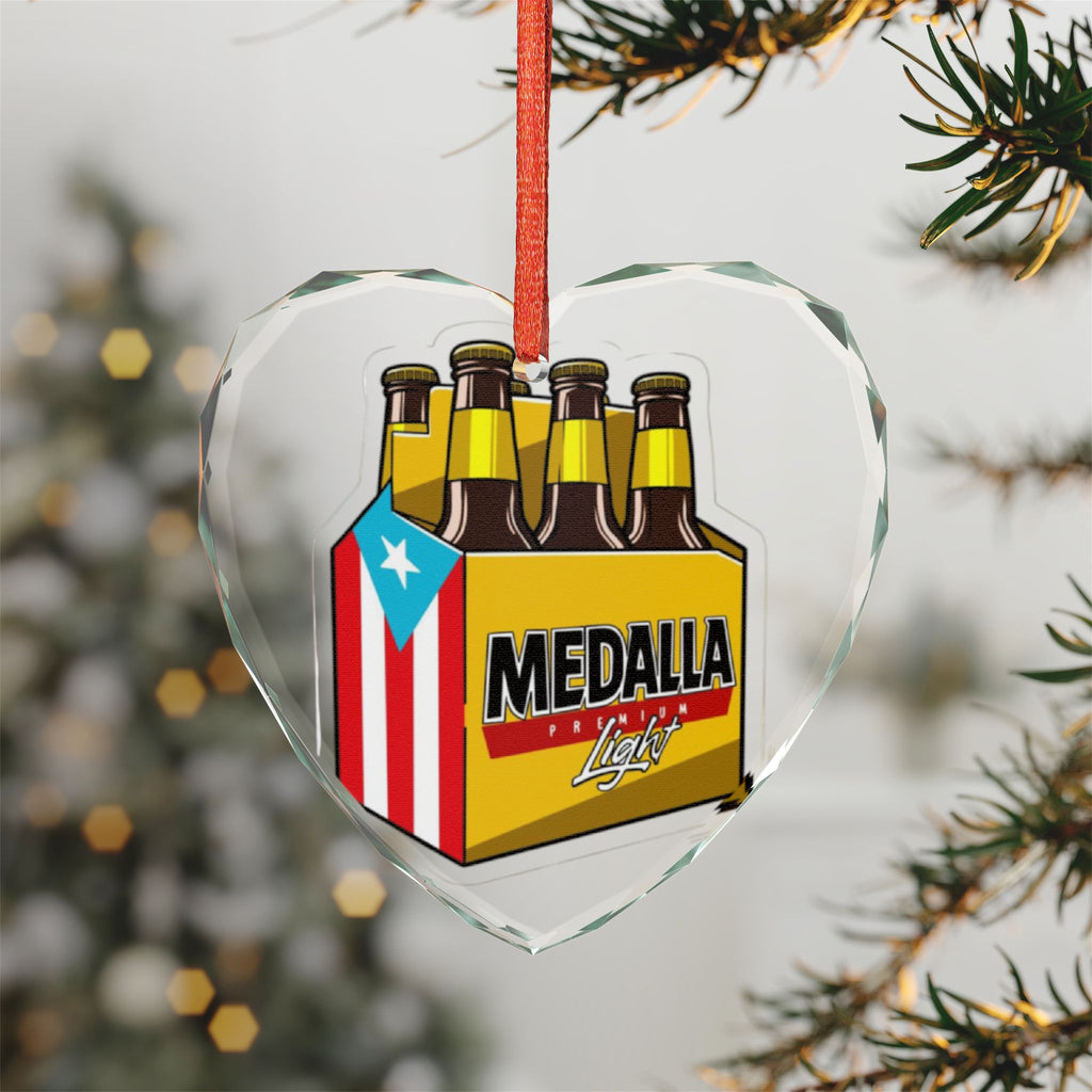 Puerto Rican glass ornament Heart-Shaped Crystal Ornament - Medalla Beer Design