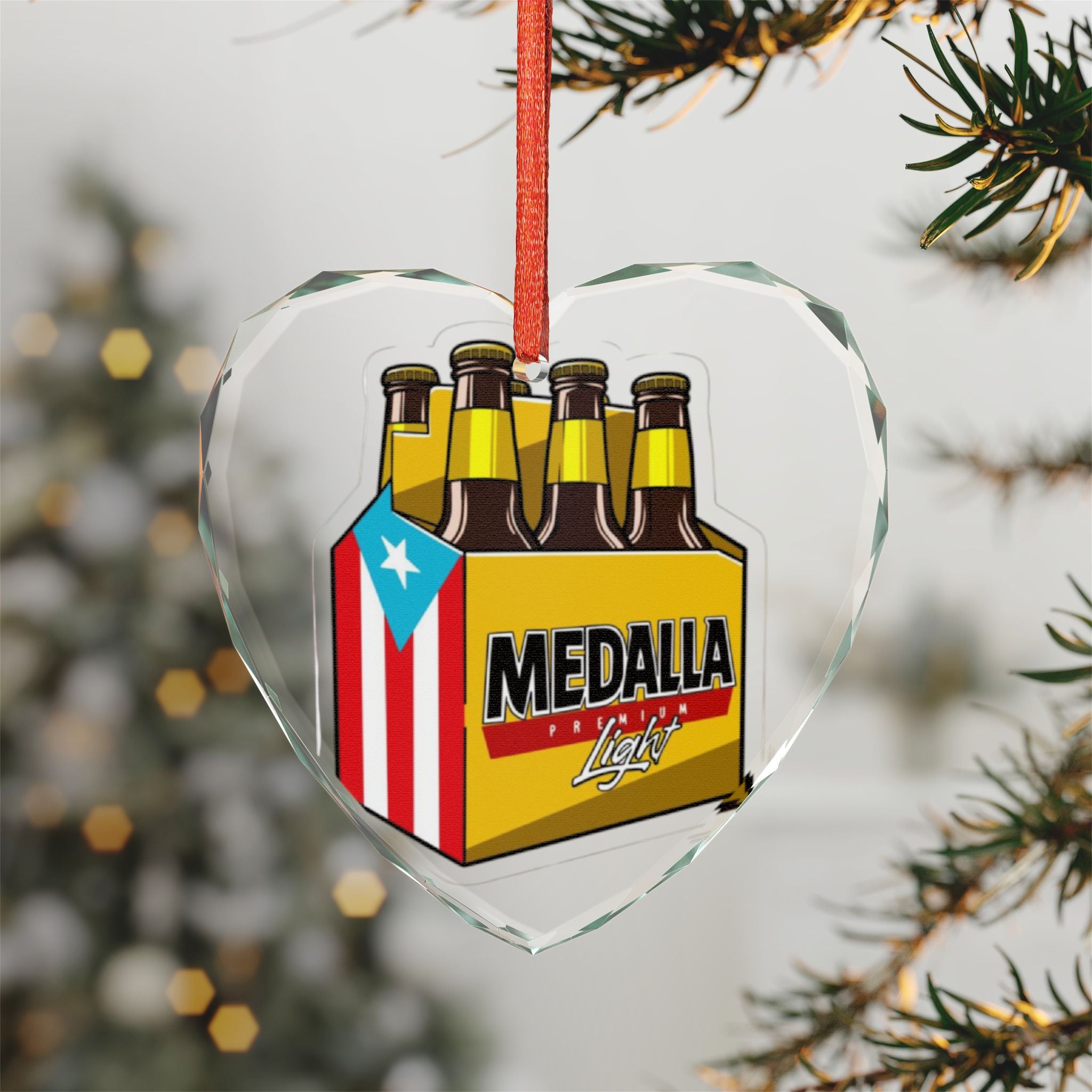 Puerto Rican glass ornament Heart-Shaped Crystal Ornament - Medalla Beer Design