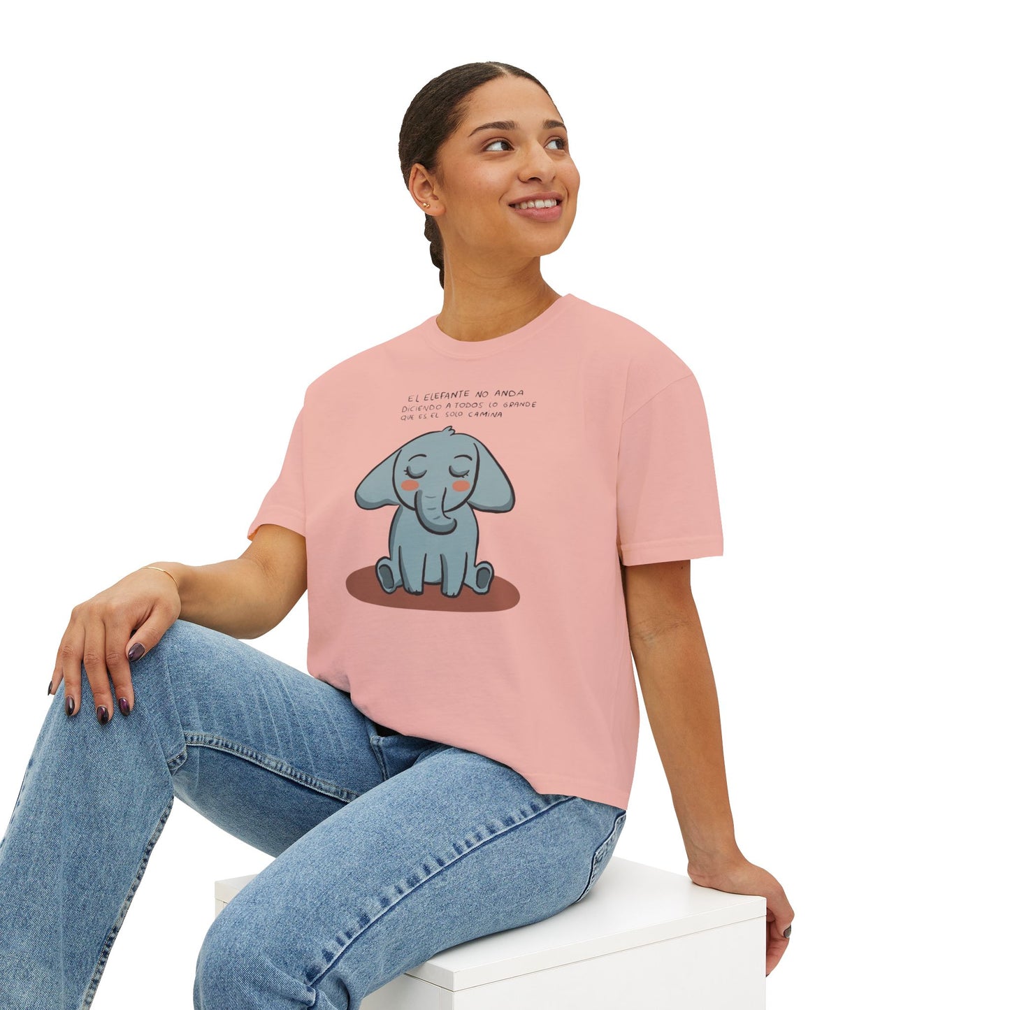 🌸 🧘‍♀️ Viste tu paz – Que tu energía hable primero Cute Elephant Women's Boxy Tee, Relaxed Fit Shirt, Gift for Animal Lovers, Casual Wear,
