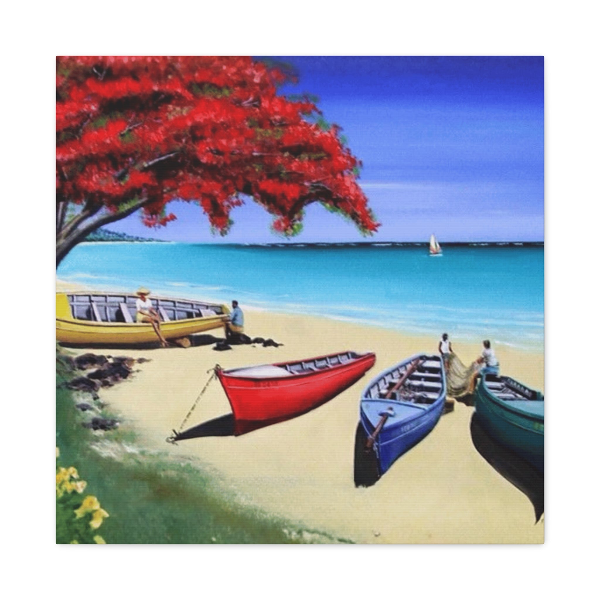 Beach Canoes Canvas Wall Art Tropical Seaside Landscape Matte Stretched Canvas