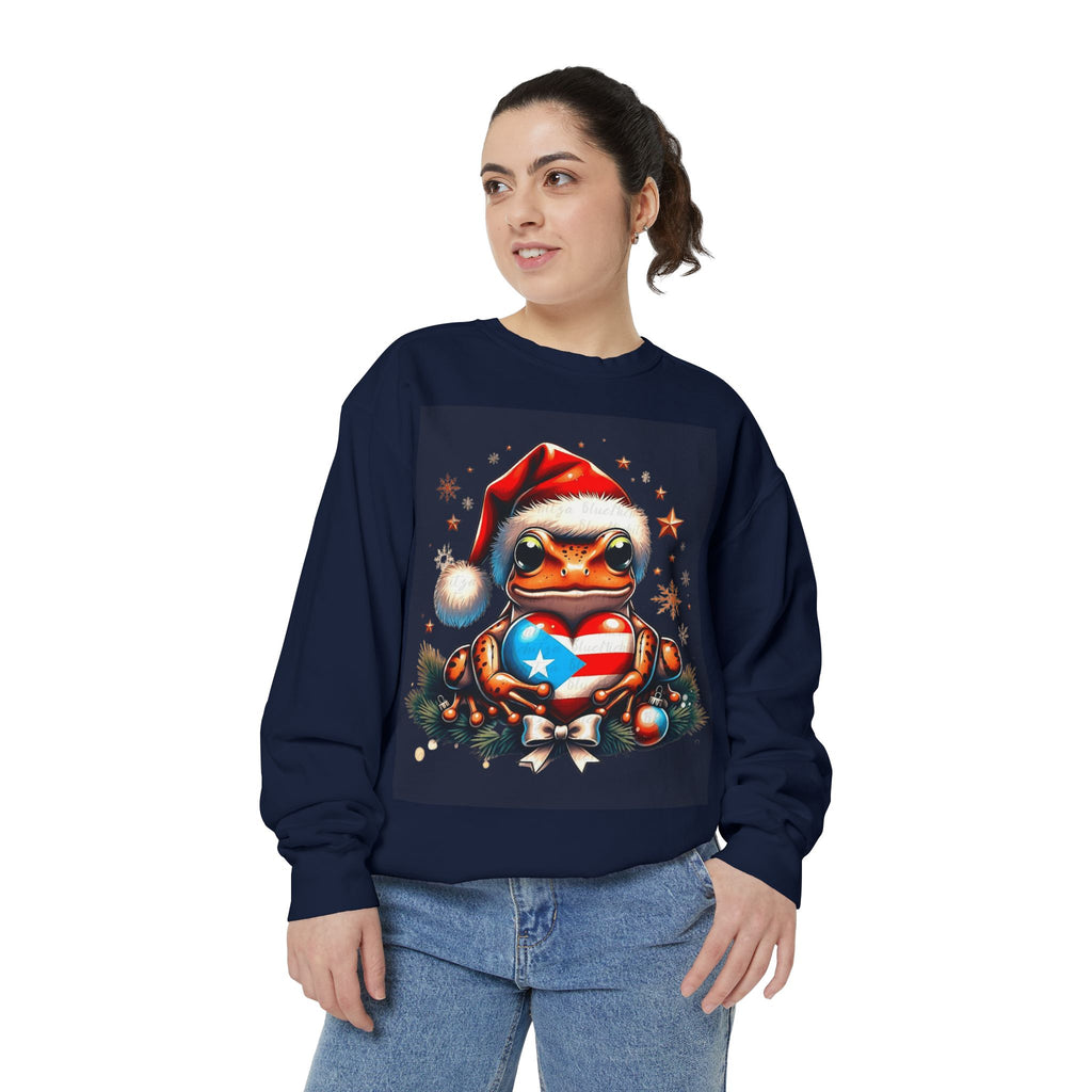 Christmas Coqui Sweatshirt — Cute Santa Frog Holding Ornament Holiday Sweater