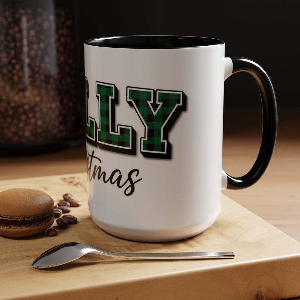 Holly Christmas Accent Coffee Mug — Green Plaid Holiday Gift (11/15oz)