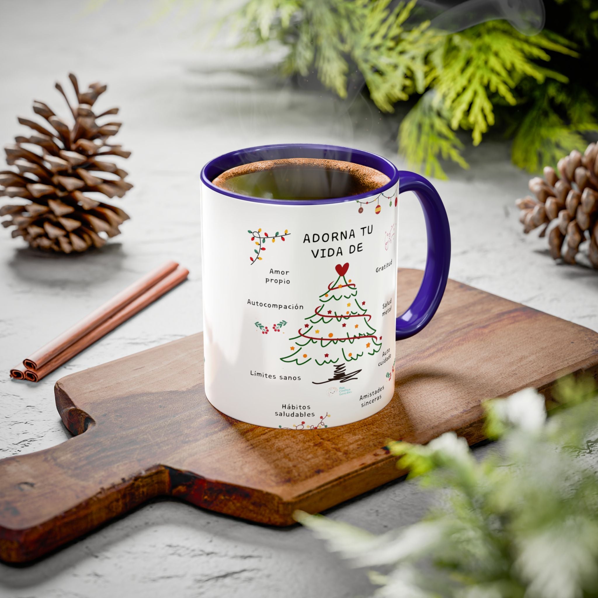 Mug — 'Adorna Tu Vida' Christmas Tree Spanish Holiday Coffee Mug (11oz/15oz)