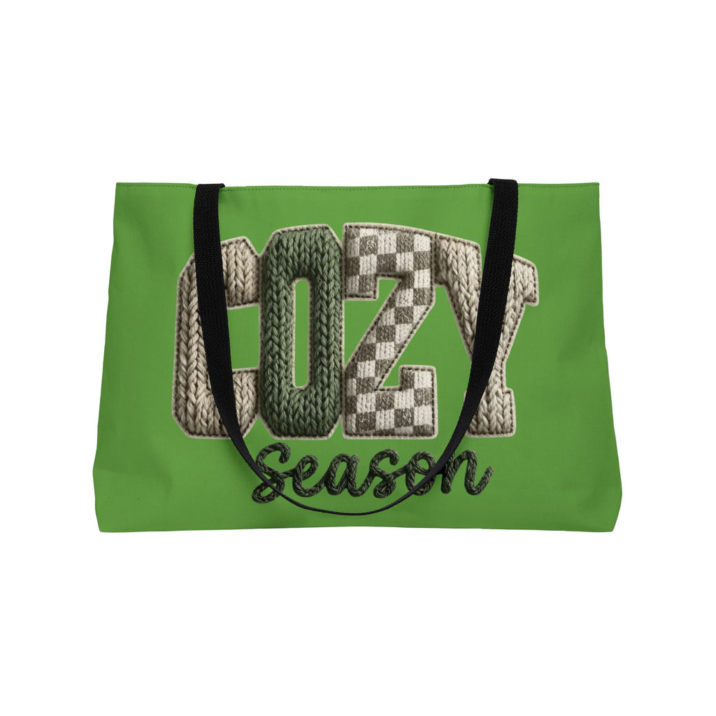 Cozy Season Weekender Tote Bag  Green Knit Lettering Travel & Weekend Carryall