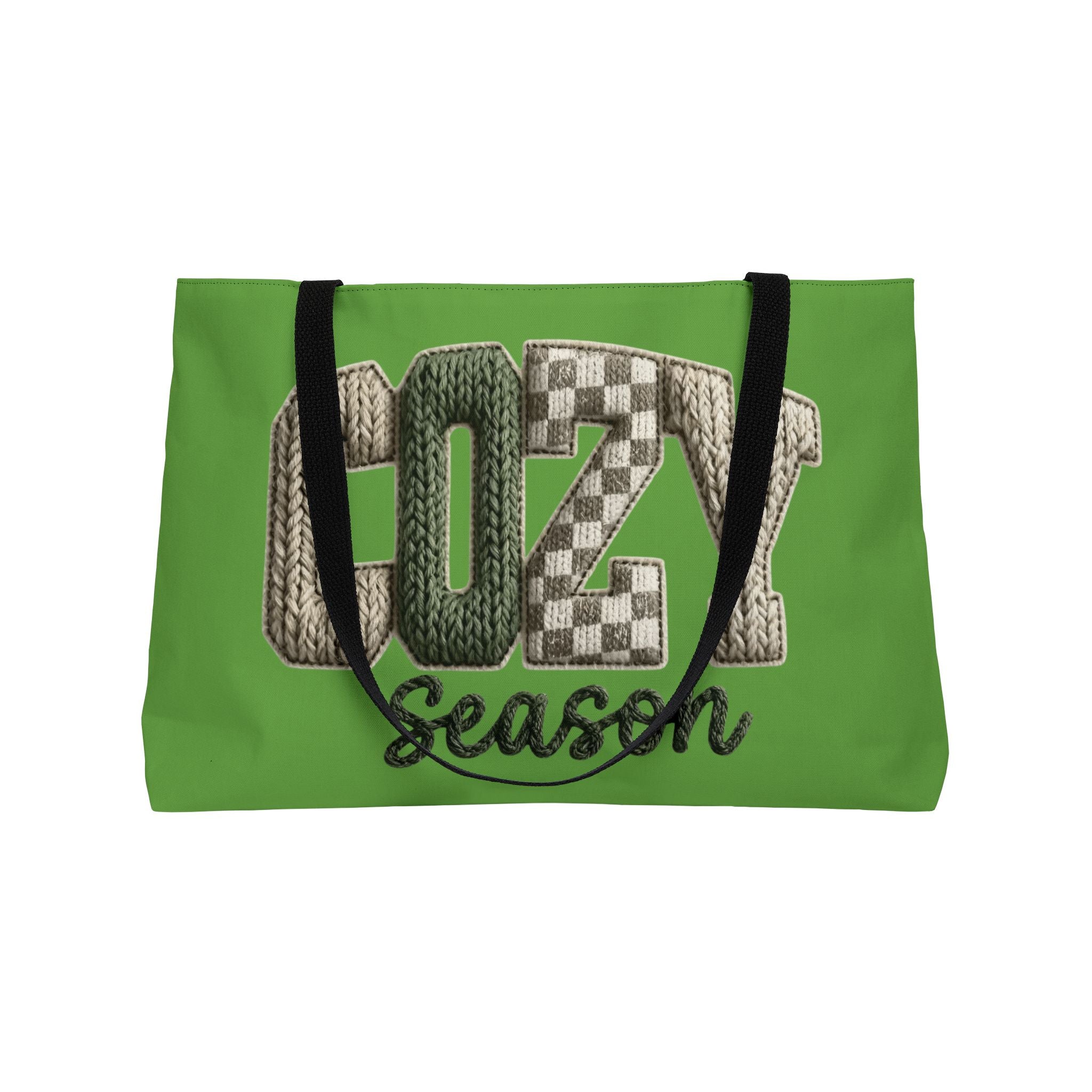 Cozy Season Weekender Tote Bag  Green Knit Lettering Travel & Weekend Carryall