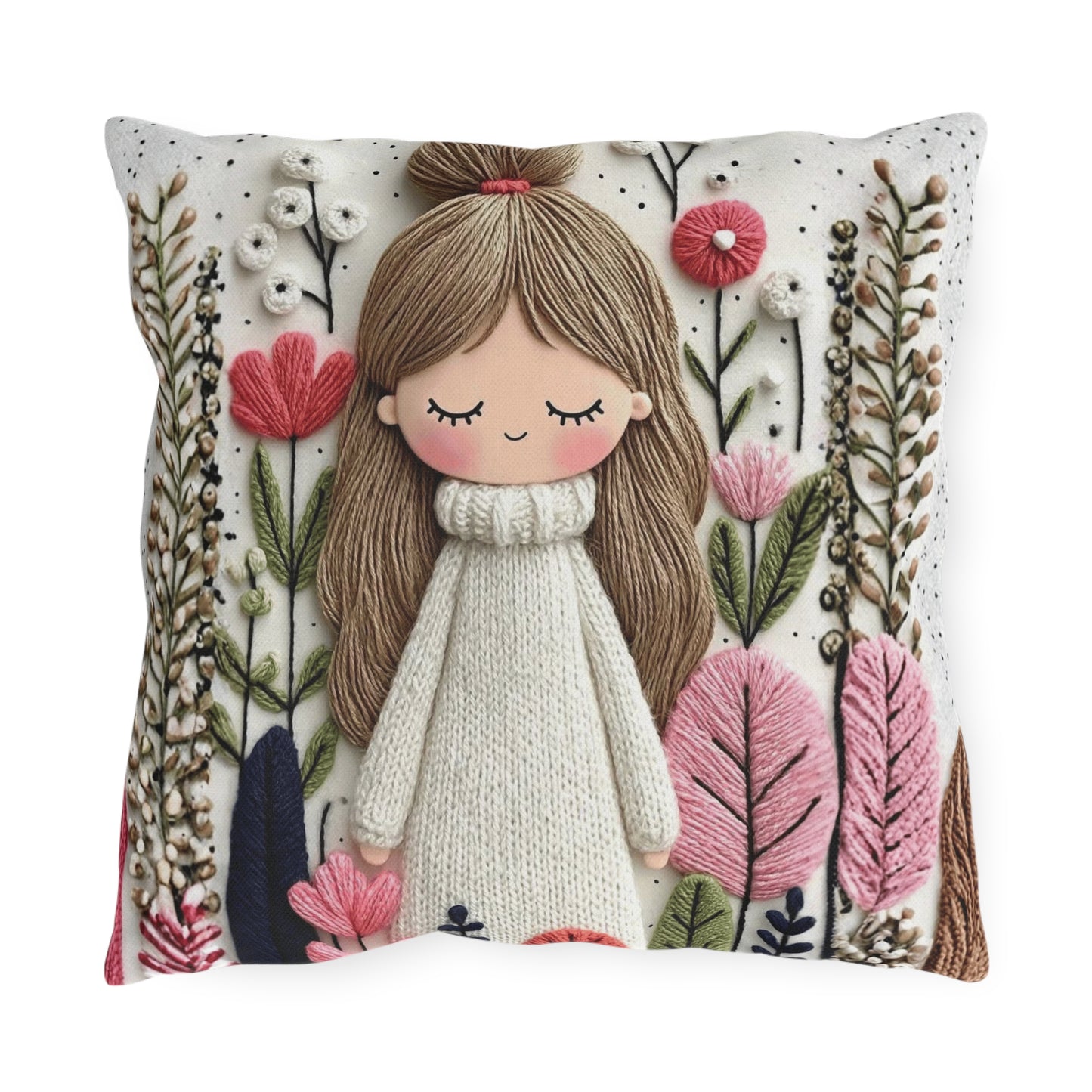 Cute Girl Floral Outdoor Pillow — Whimsical Garden Accent Cushion