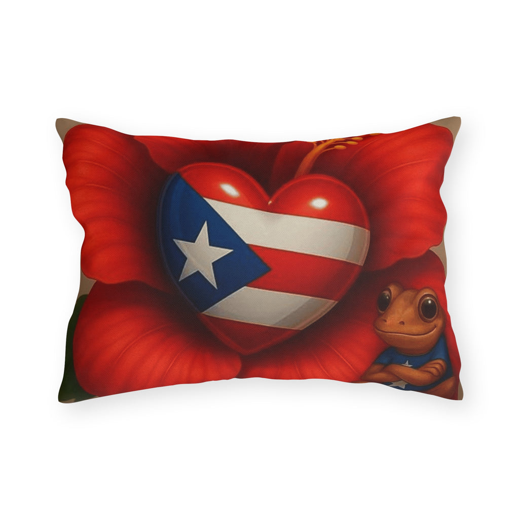 Puerto Rico Heart Flag Outdoor Pillow — Coquí & Hibiscus Patio Cushion Puerto Rico Culture Pillow
