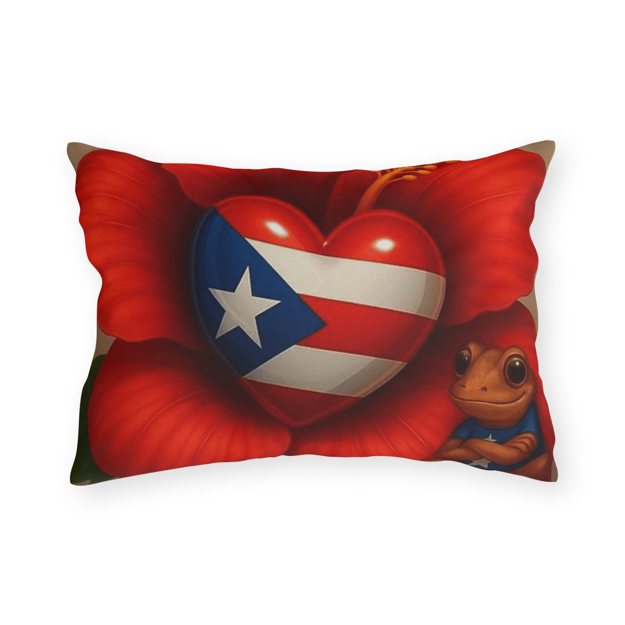 Puerto Rico Heart Flag Outdoor Pillow — Coquí & Hibiscus Patio Cushion Puerto Rico Culture Pillow