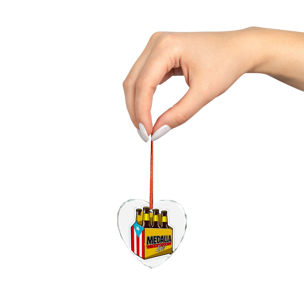 Puerto Rican glass ornament Heart-Shaped Crystal Ornament - Medalla Beer Design