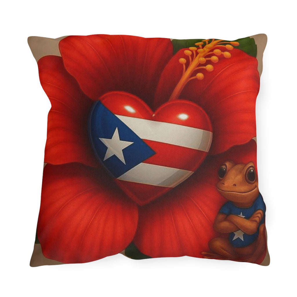 Puerto Rico Heart Flag Outdoor Pillow — Coquí & Hibiscus Patio Cushion Puerto Rico Culture Pillow