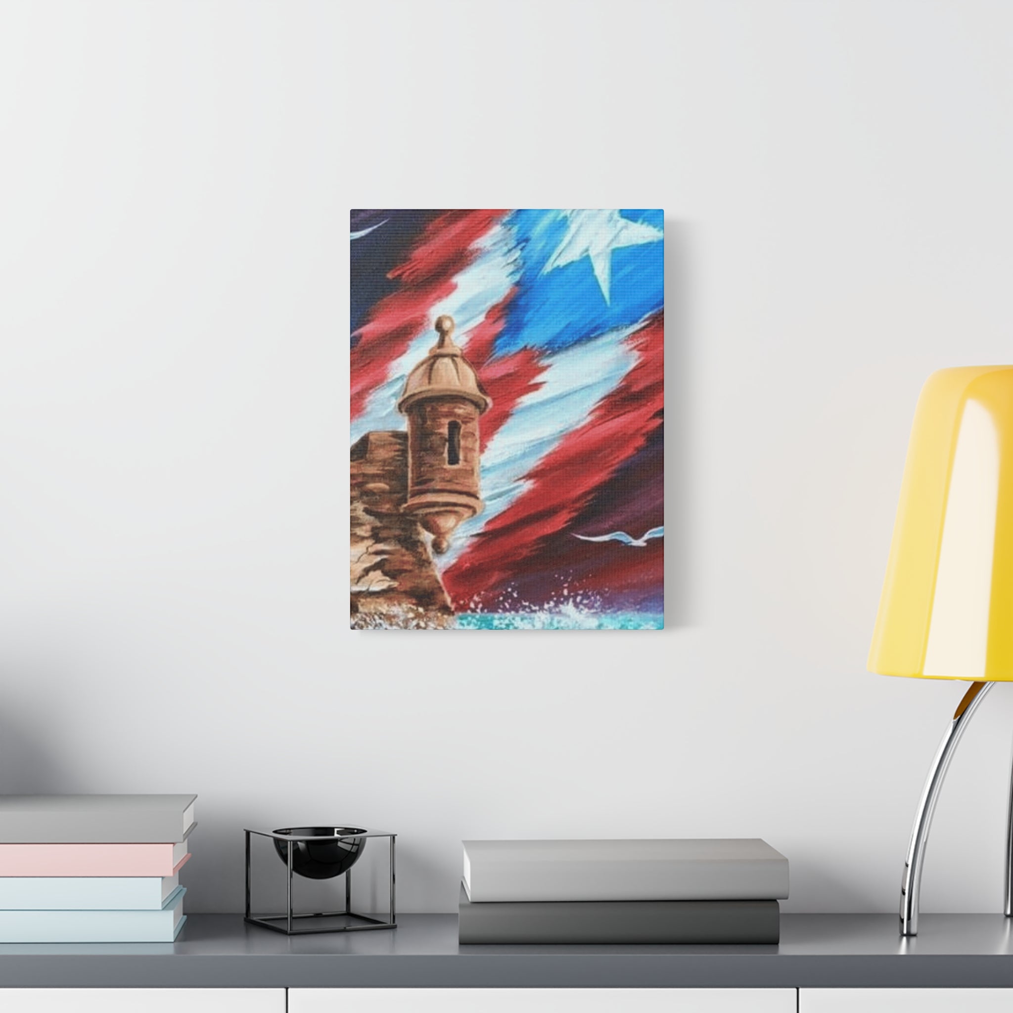 Patriotic Castillo Canvas Wall Art – Puerto Rico Flag Coastal Fortress Print