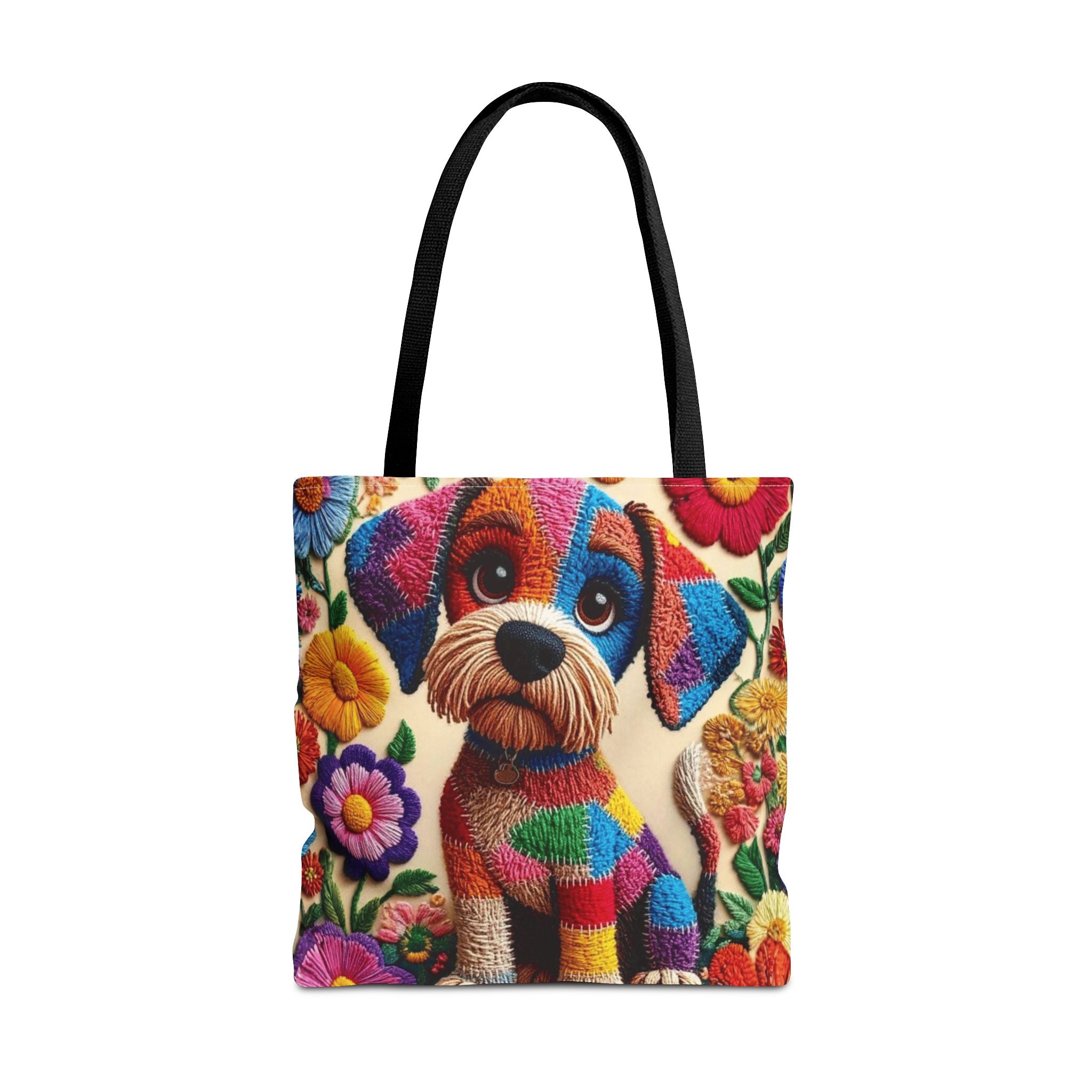 Colorful Patchwork Puppy Tote Bag — Cute Dog Floral AOP Shopper Crochet-Decorated Tote Bags