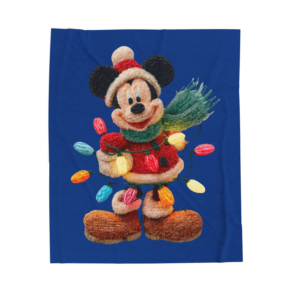Mickey Mouse Holiday Velveteen Plush Blanket — Festive Lights & Scarf Cozy Throw