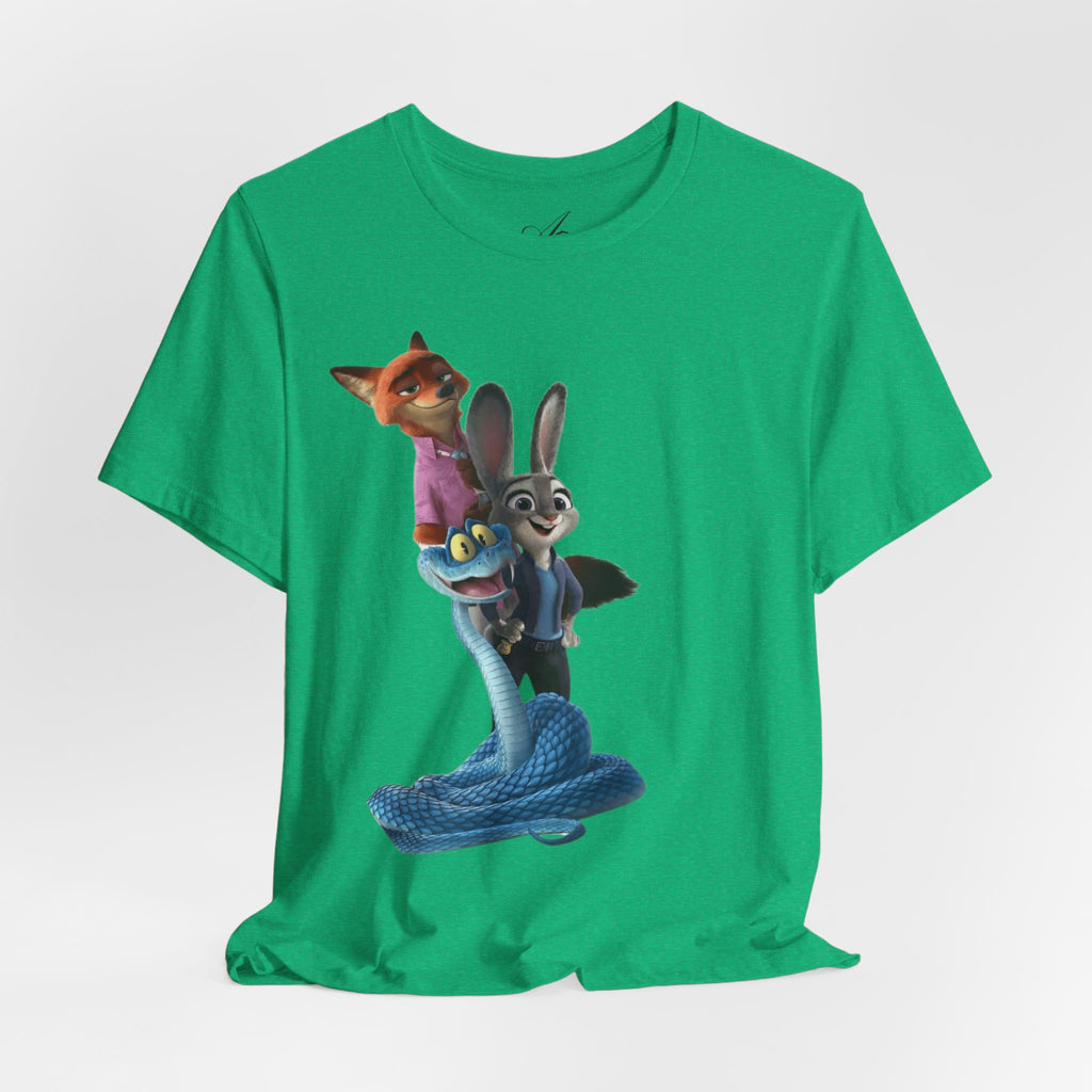 Animated Character Tee — Cute Fox & Bunny Stack Graphic T-Shirt  cartoon-style Christmas artwork