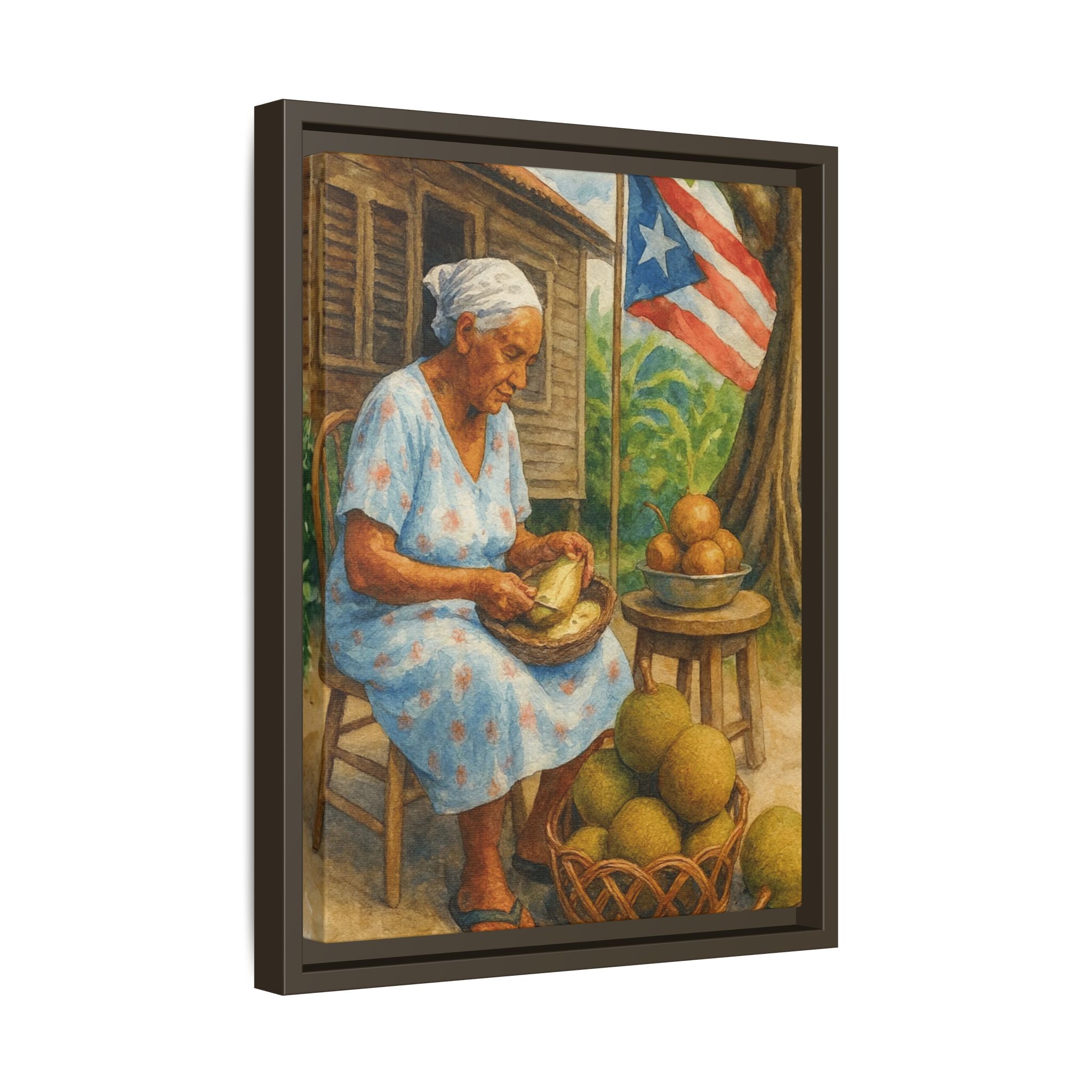 Cultural & Story-Driven These Puerto Rico inspired  Framed Matte Canvas Print  Woman Shelling Fruit Vintage Tropical Painting