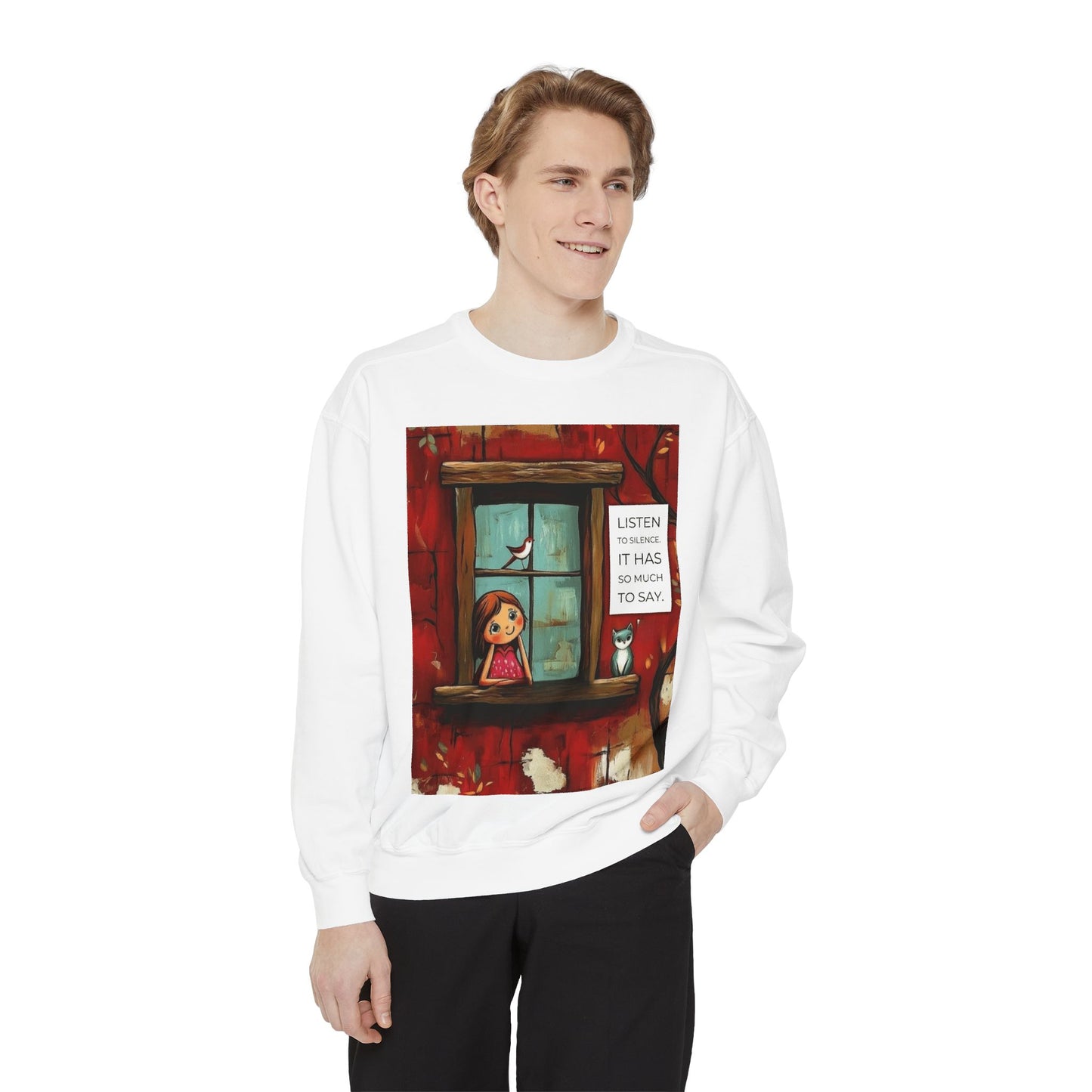 Cozy Window Scene Sweatshirt  "Listen, It Has So Much to Say" Graphic
