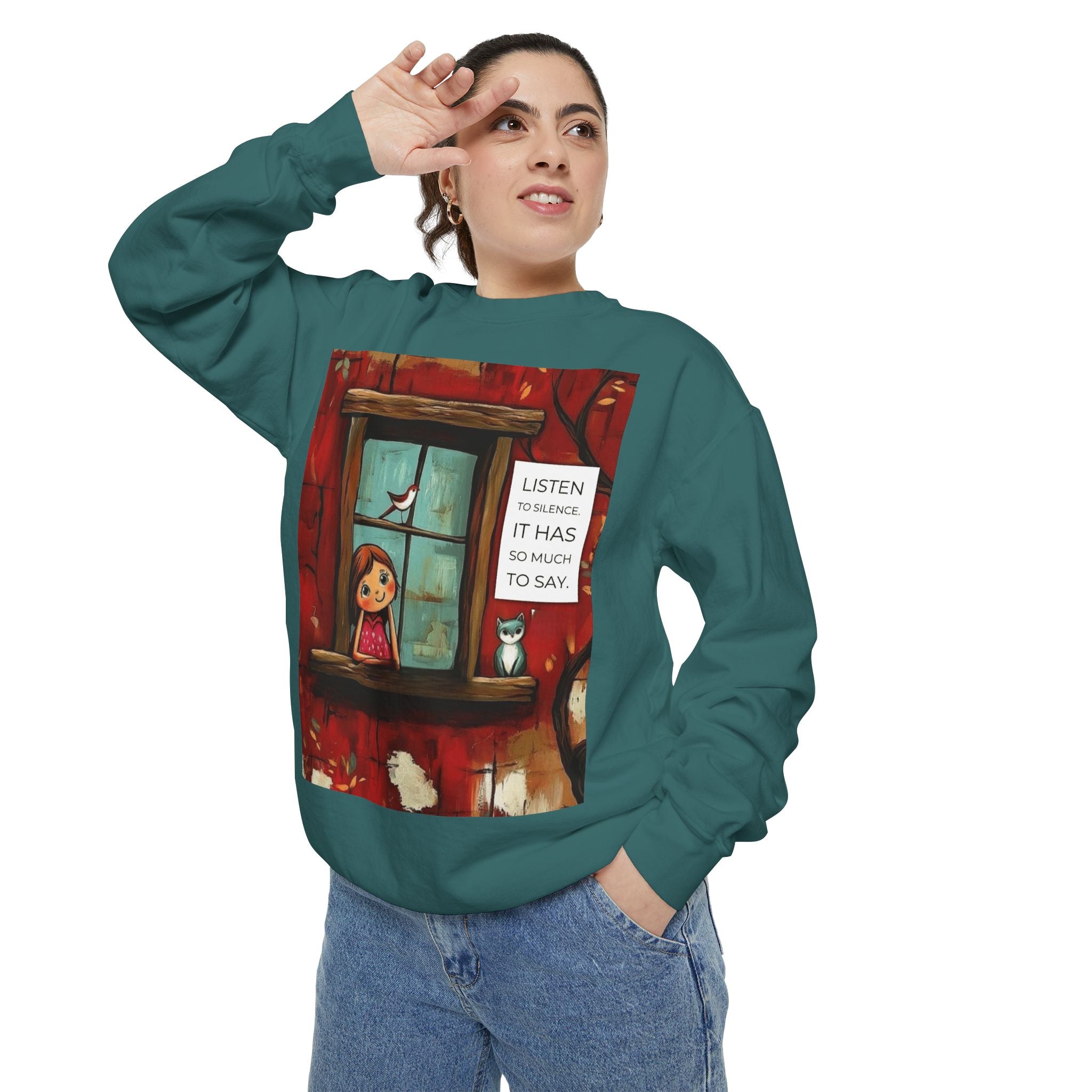 Cozy Window Scene Sweatshirt  "Listen, It Has So Much to Say" Graphic