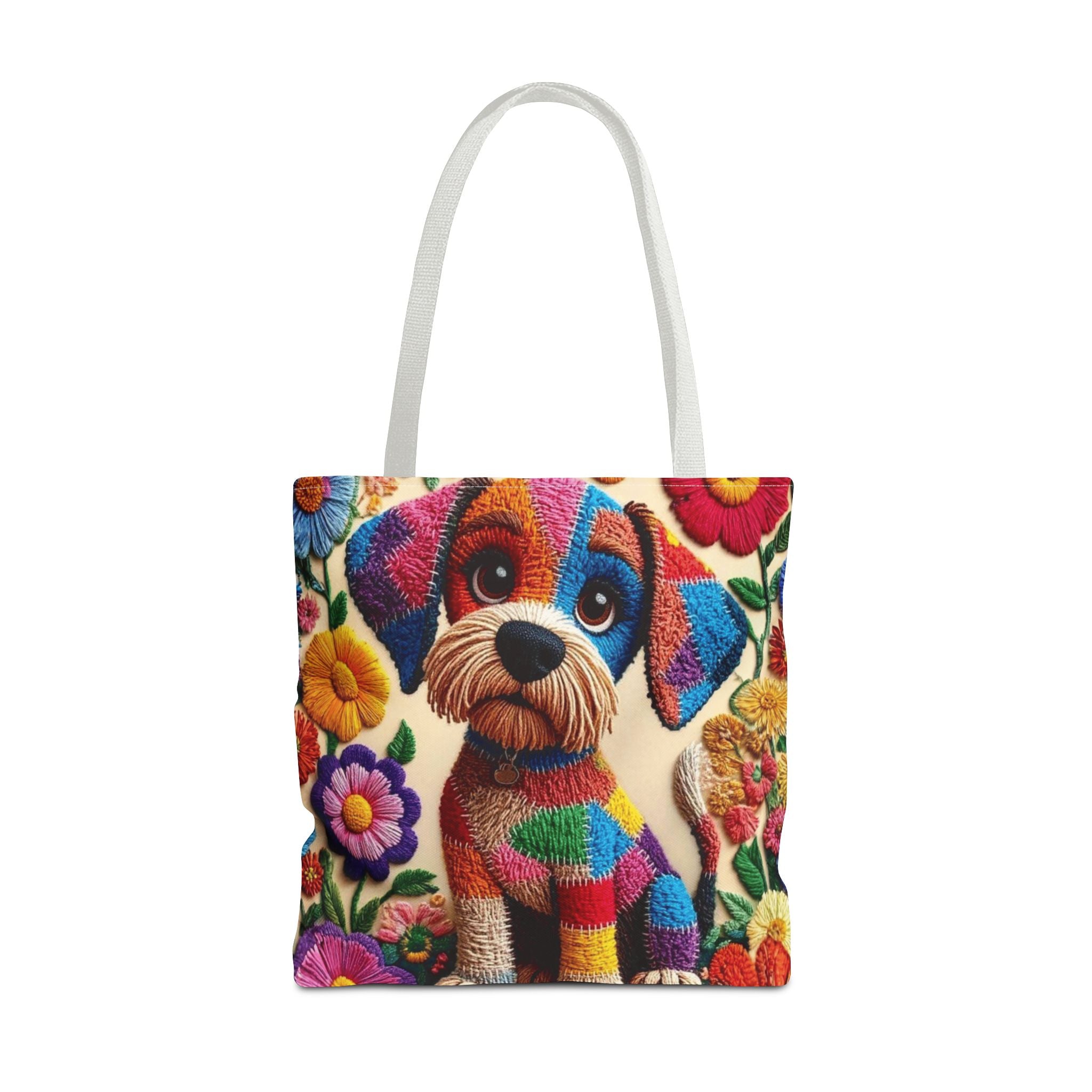 Colorful Patchwork Puppy Tote Bag — Cute Dog Floral AOP Shopper Crochet-Decorated Tote Bags