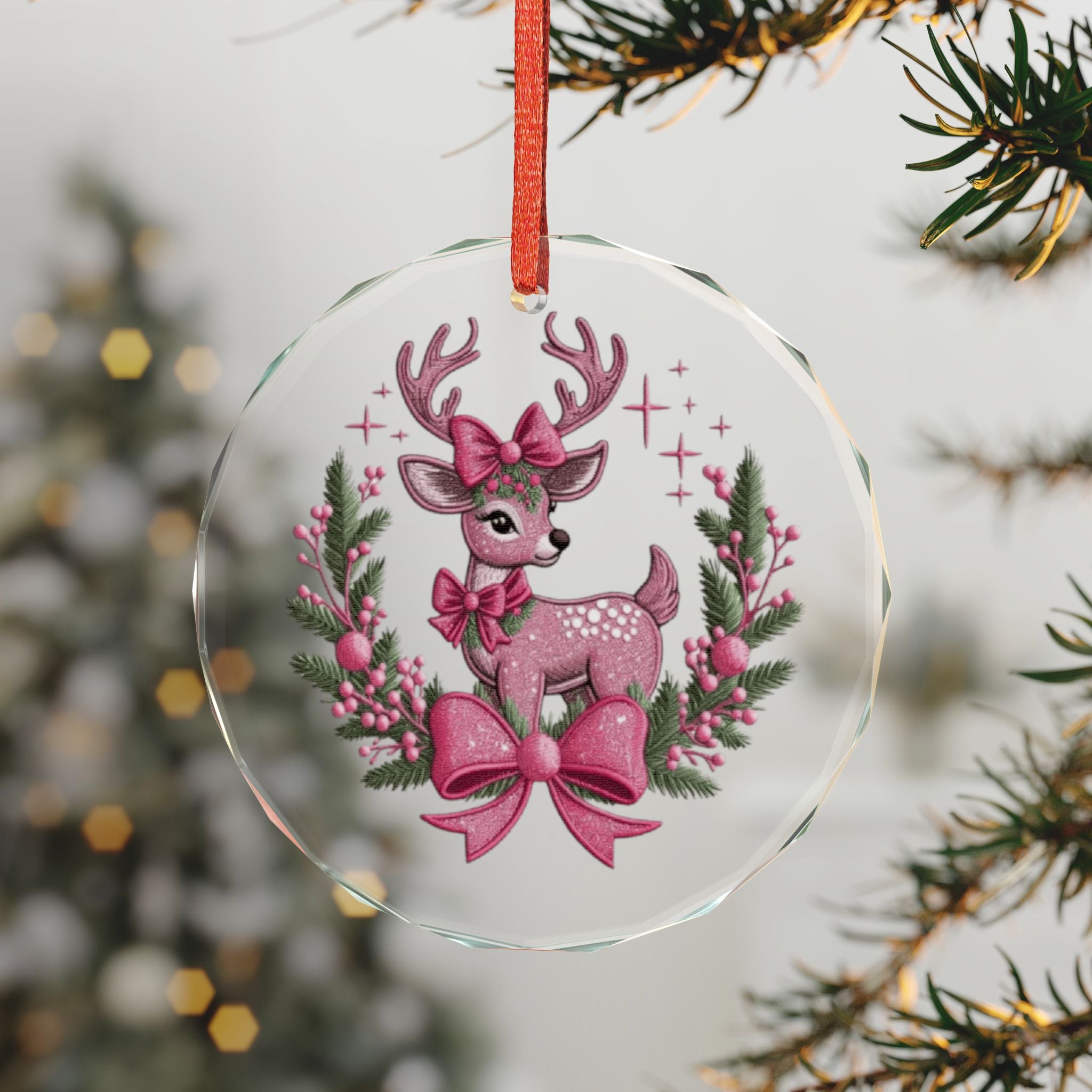 Crystal Heart Ornament — Pink Reindeer with Bows Christmas Decoration