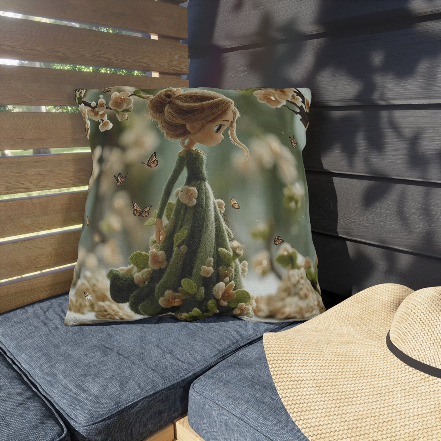 Spring Fairy Outdoor Pillow — Whimsical Girl with Butterflies Garden Decor